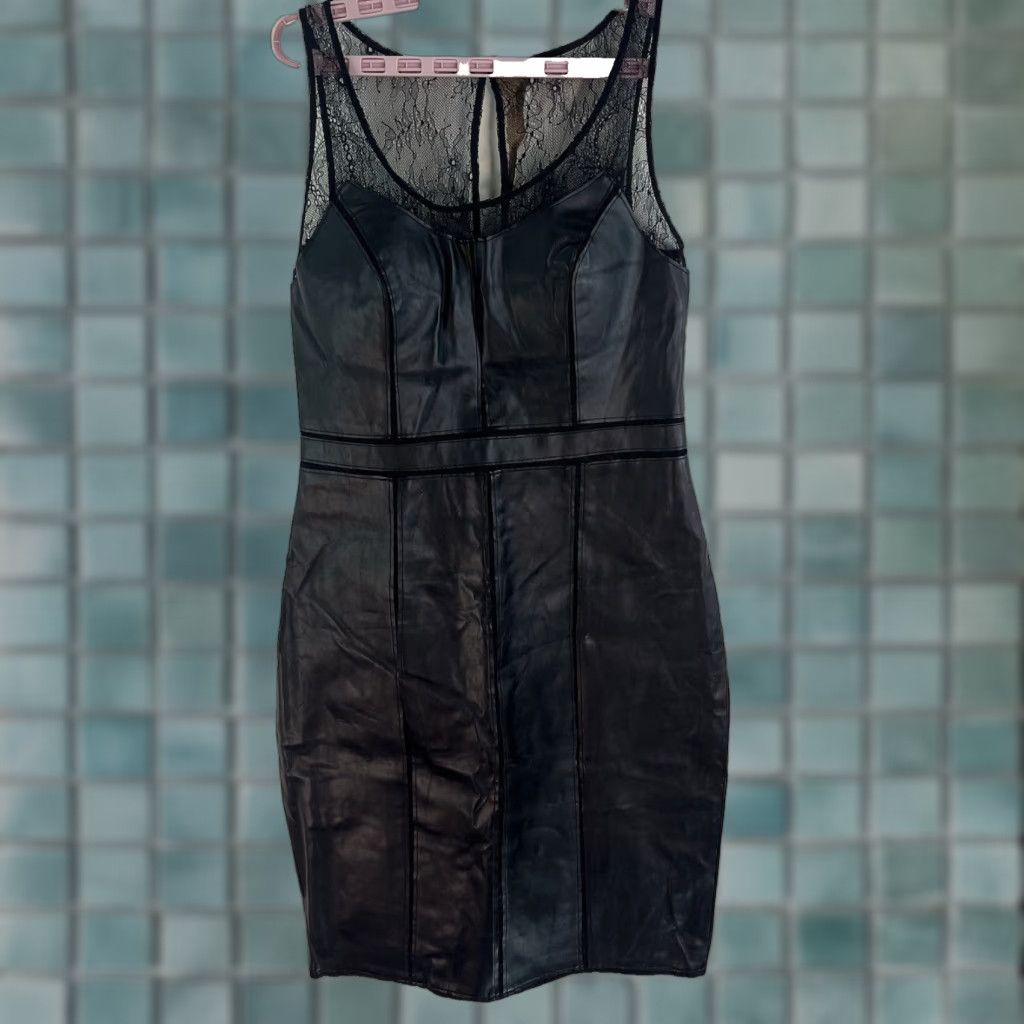 Vintage Aidan Mattox Faux Leather Illusion Lace Tank Cocktail Midi Dress Black Sz 6 Size M / US 6-8 / IT 42-44 - 1 Thumbnail