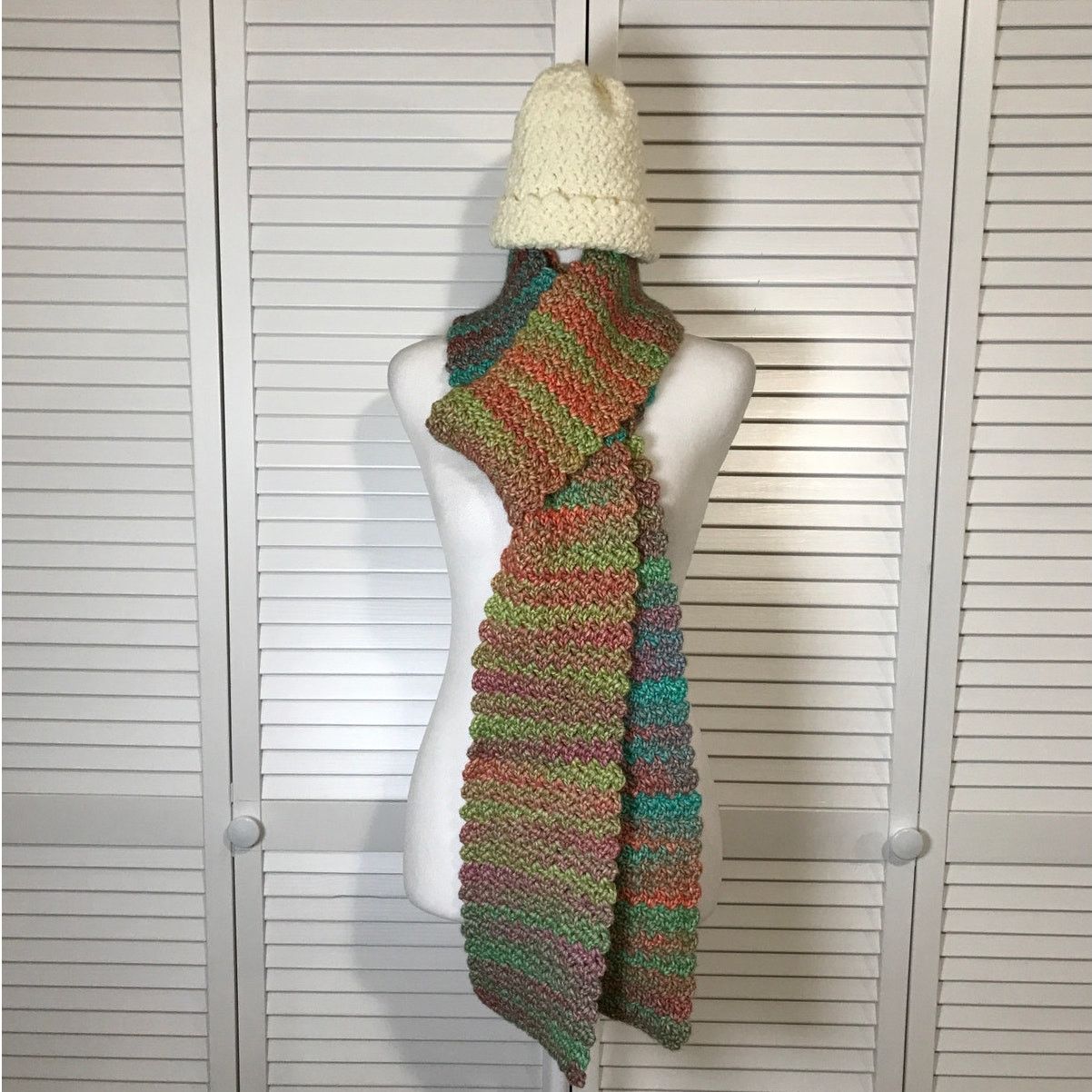 Handmade NWT Handmade Crocheted Beige Textured Adult Beanie Scarf 58” Size ONE SIZE - 1 Thumbnail