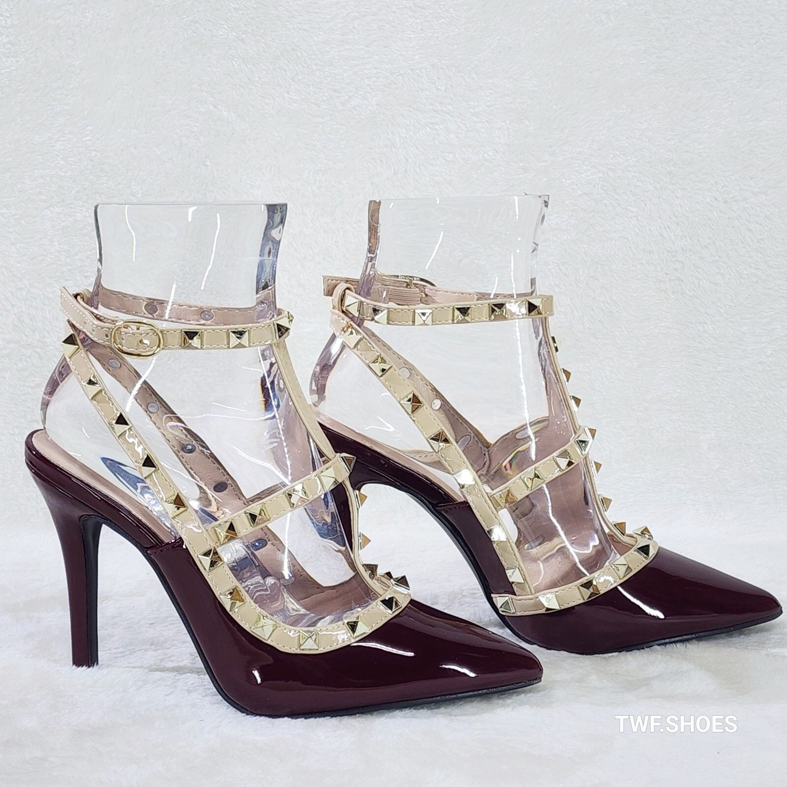 Other Caged Burgundy Red Patent Studded Strappy Stiletto High Heel Size US 7.5 / IT 37.5 - 4 Thumbnail