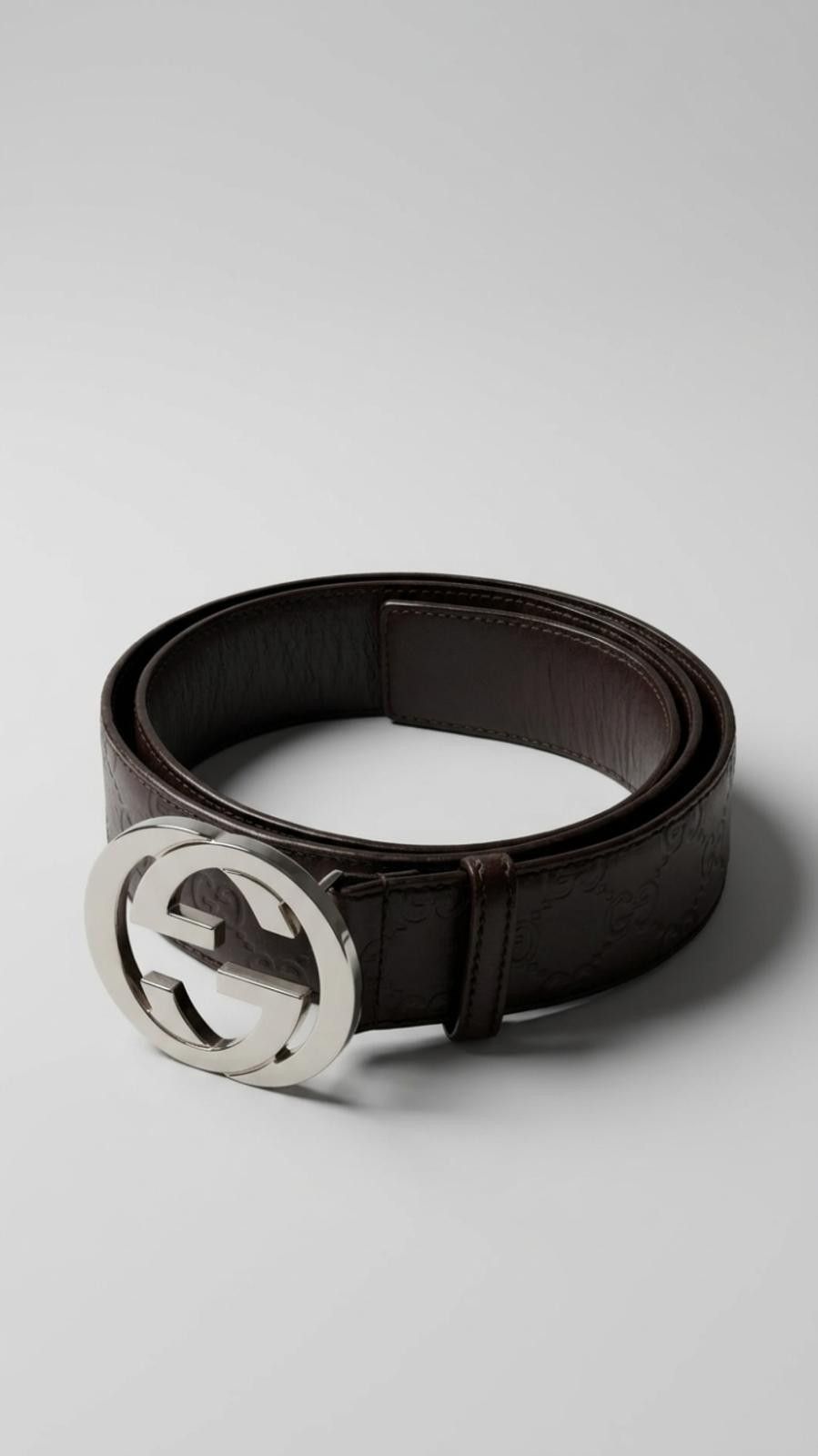 Gucci Gucci - Brown Leather Belt with Silver Interlocking G Buckle Size ONE SIZE - 1 Thumbnail