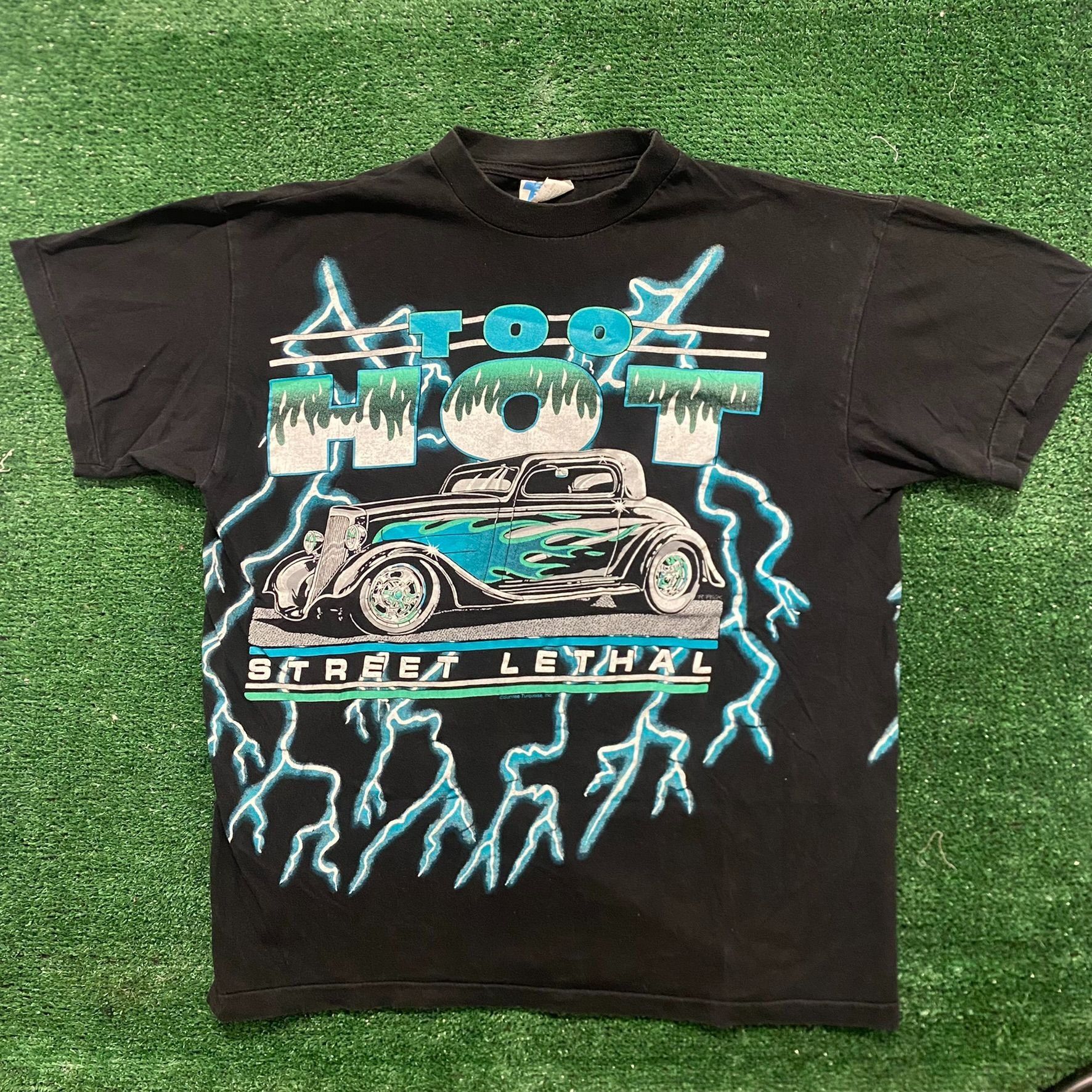 image of 90's American Thunder Shirt Hot Rod Racing Aop Tee in Black, Men's (Size Large)