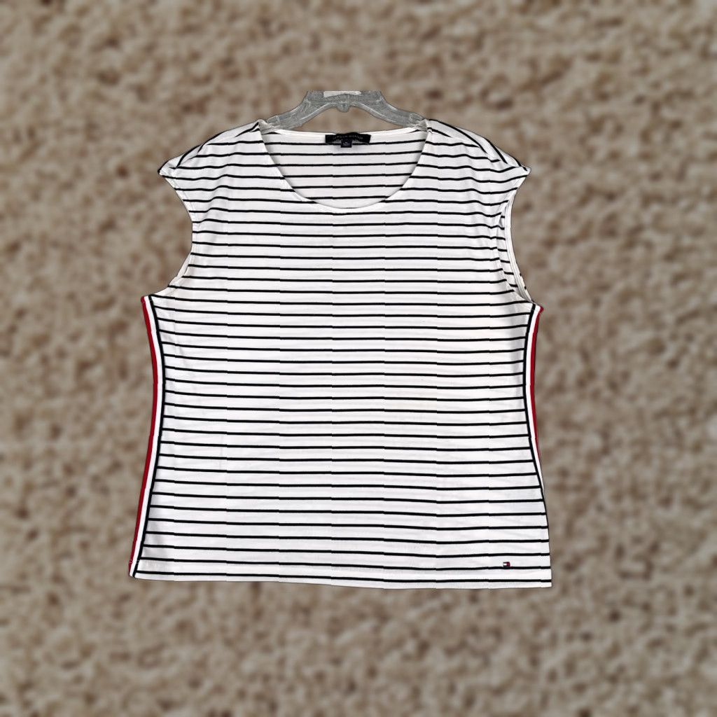 Tommy Hilfiger VINTAGE Tommy Hilfiger Shirt Women XL White Stripe Tank Sleeveless Poly Blend Casual Workwear 80s 90s Mens Girls Womens Size XL / US 12-14 / IT 48-50 - 1 Thumbnail