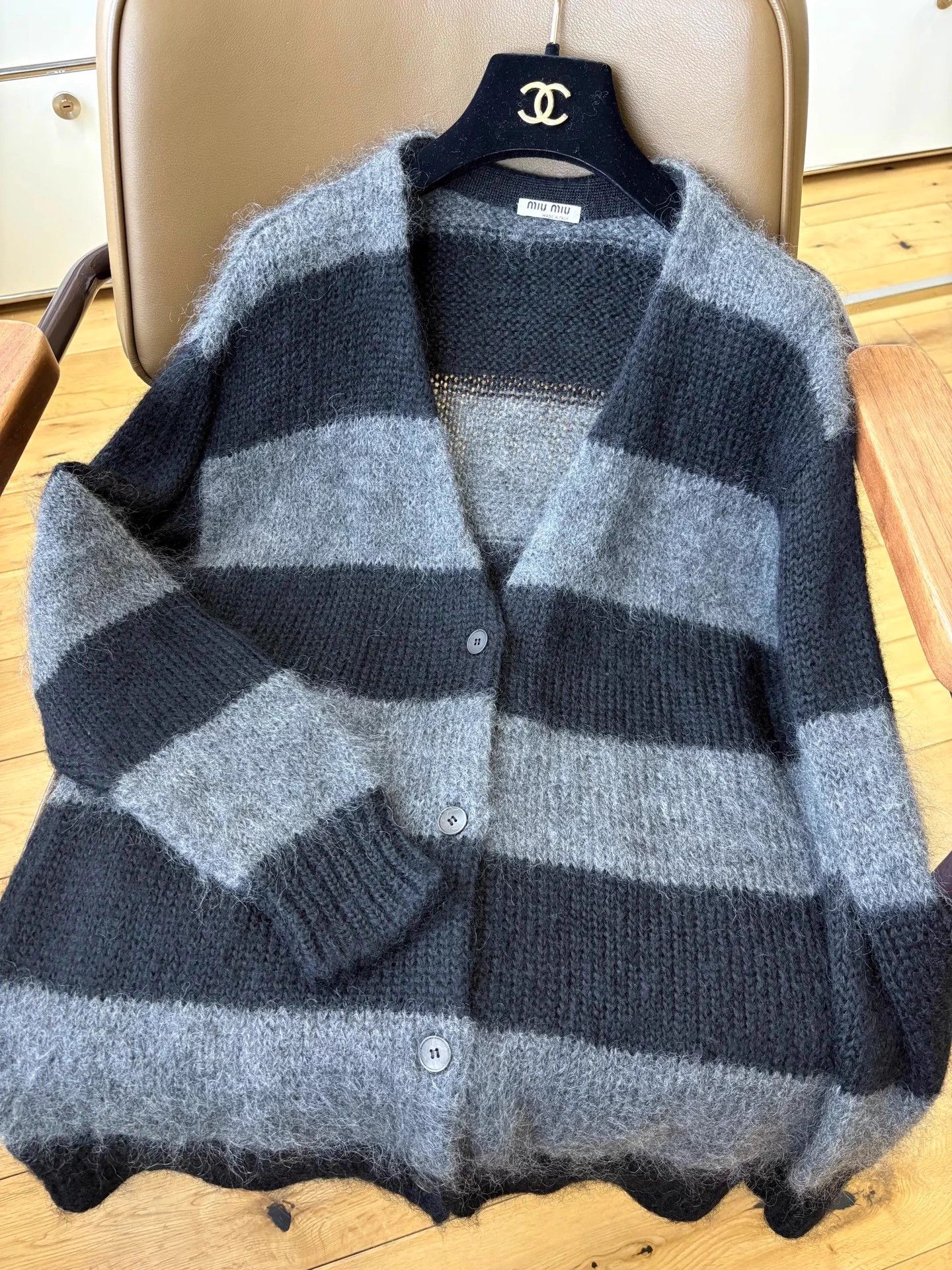 Miu Miu MIU MIU Soft Mohair Cardigan Black Gray Stripe IT38 Mint Size XS / US 0-2 / IT 36-38 - 4 Thumbnail