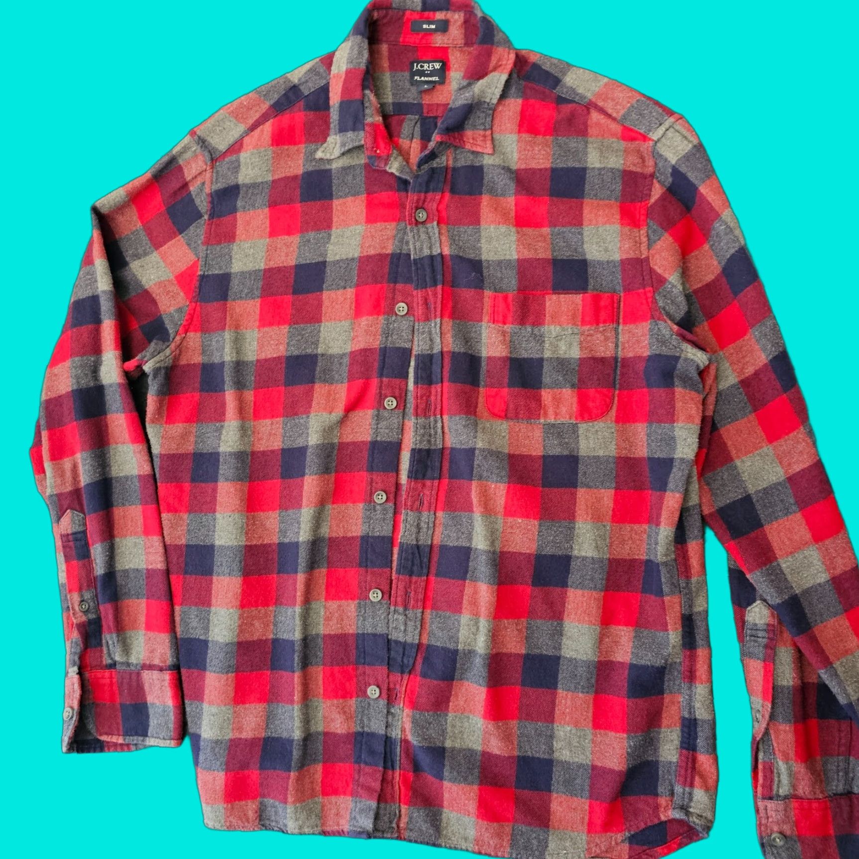 J.Crew J.Crew Flannel Button-Up Shirt Mens Large Red Blue Check Slim Fit Size US L / EU 52-54 / 3 - 1 Thumbnail