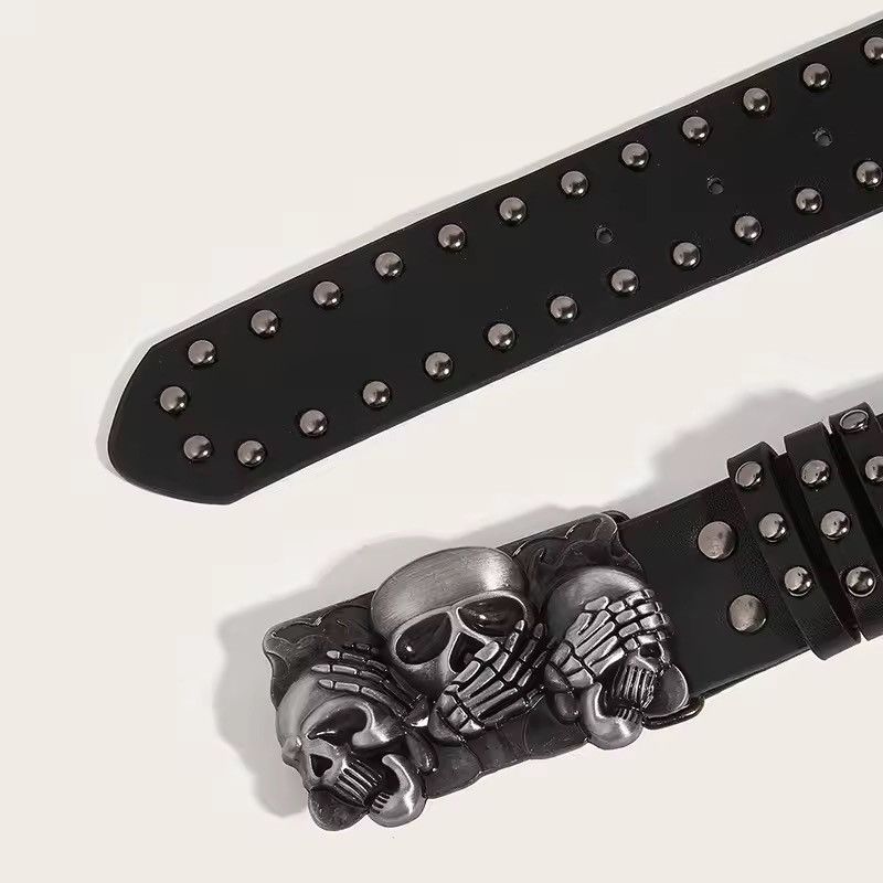 Japanese Brand Y2K Grunge Punk Rock Black Studded Belt Triple Skull Buckle Size ONE SIZE - 8 Thumbnail