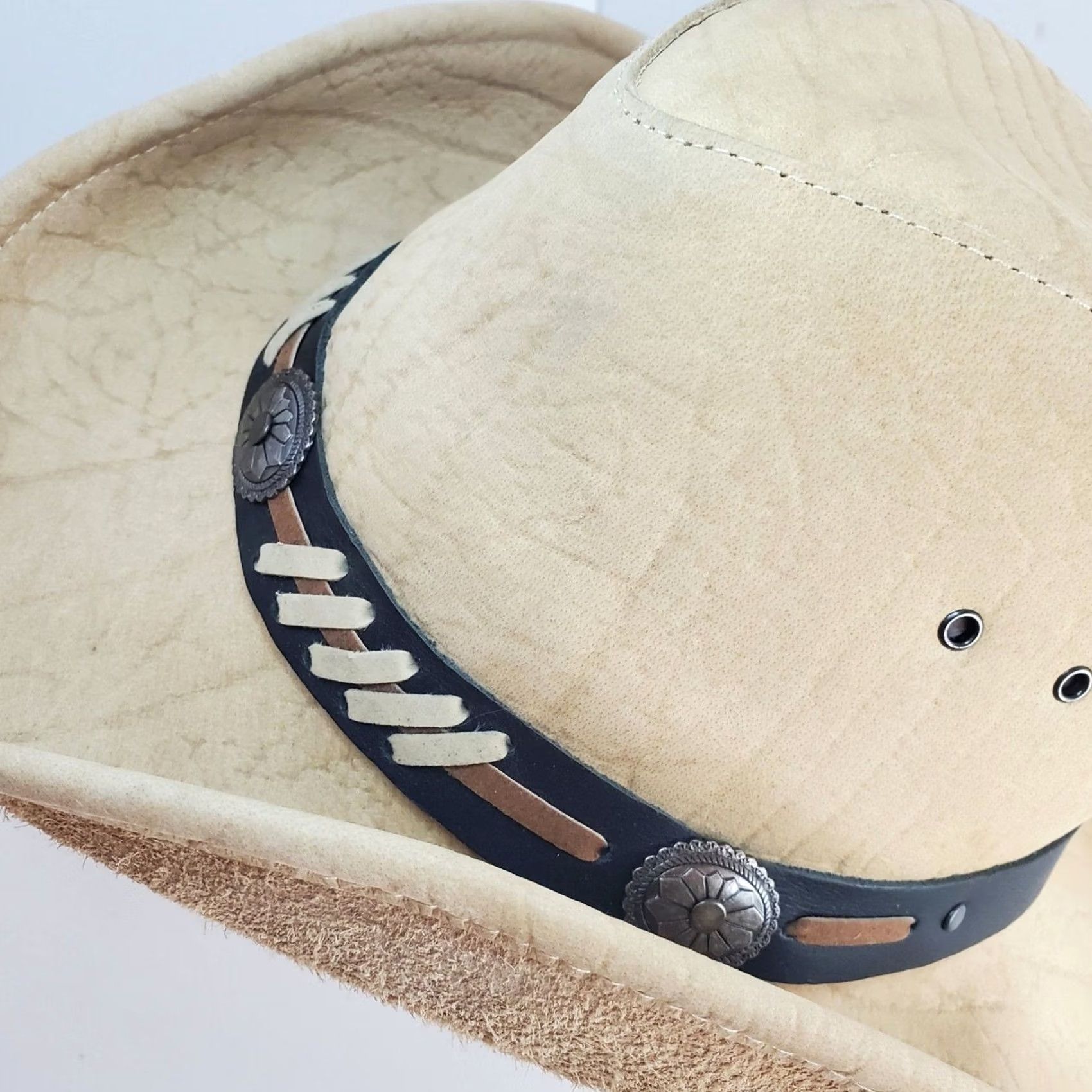 Vintage Kakadu Traders Australia Cowboy Hat 56cm Medium US Beige Tan Leather Heavy Size ONE SIZE - 4 Thumbnail