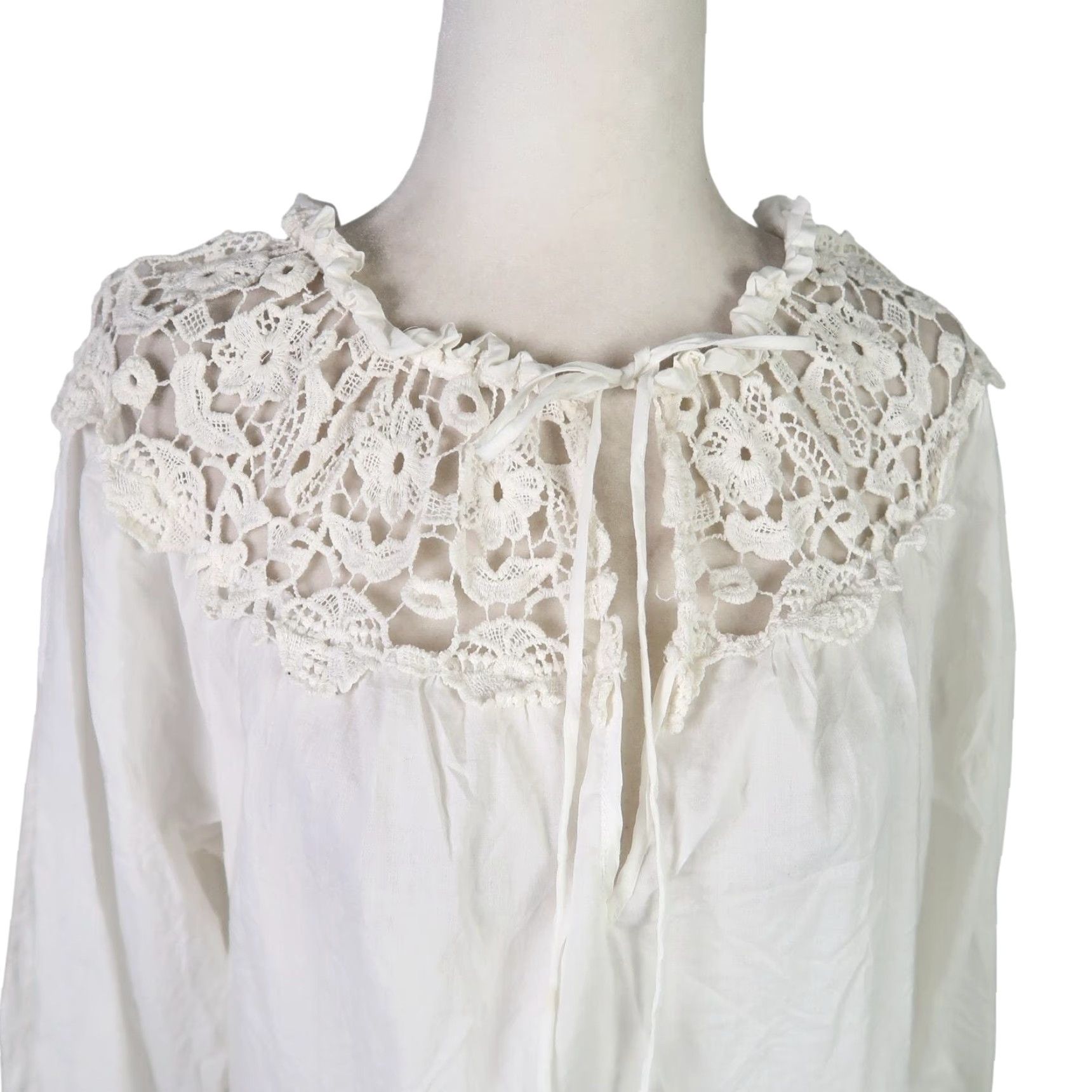 Vintage Sundance Cream Lace Trim Peasant Top Small Blouse Women Long Sleeve Bohemian Hippie 100% Cotton Casual Size S / US 4 / IT 40 - 2 Thumbnail