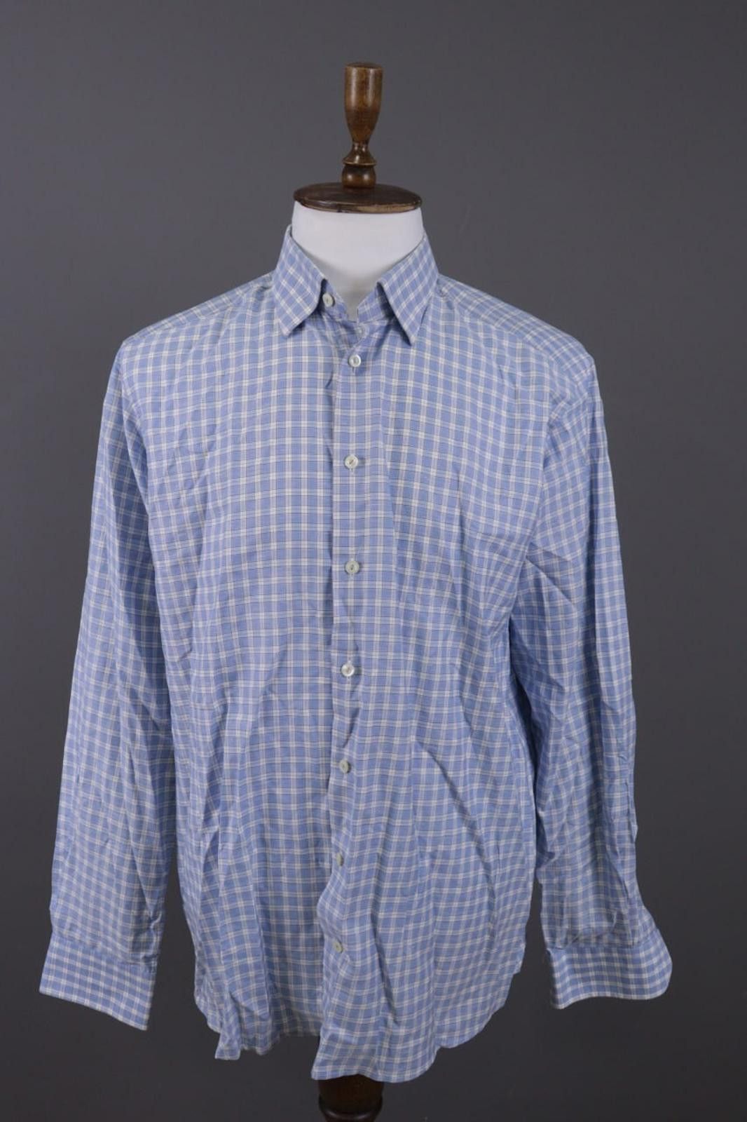 Eton Eton Contemporary Blue Check Cotton & Linen Shirt 43/17 Size US M / EU 48-50 / 2 - 1 Thumbnail