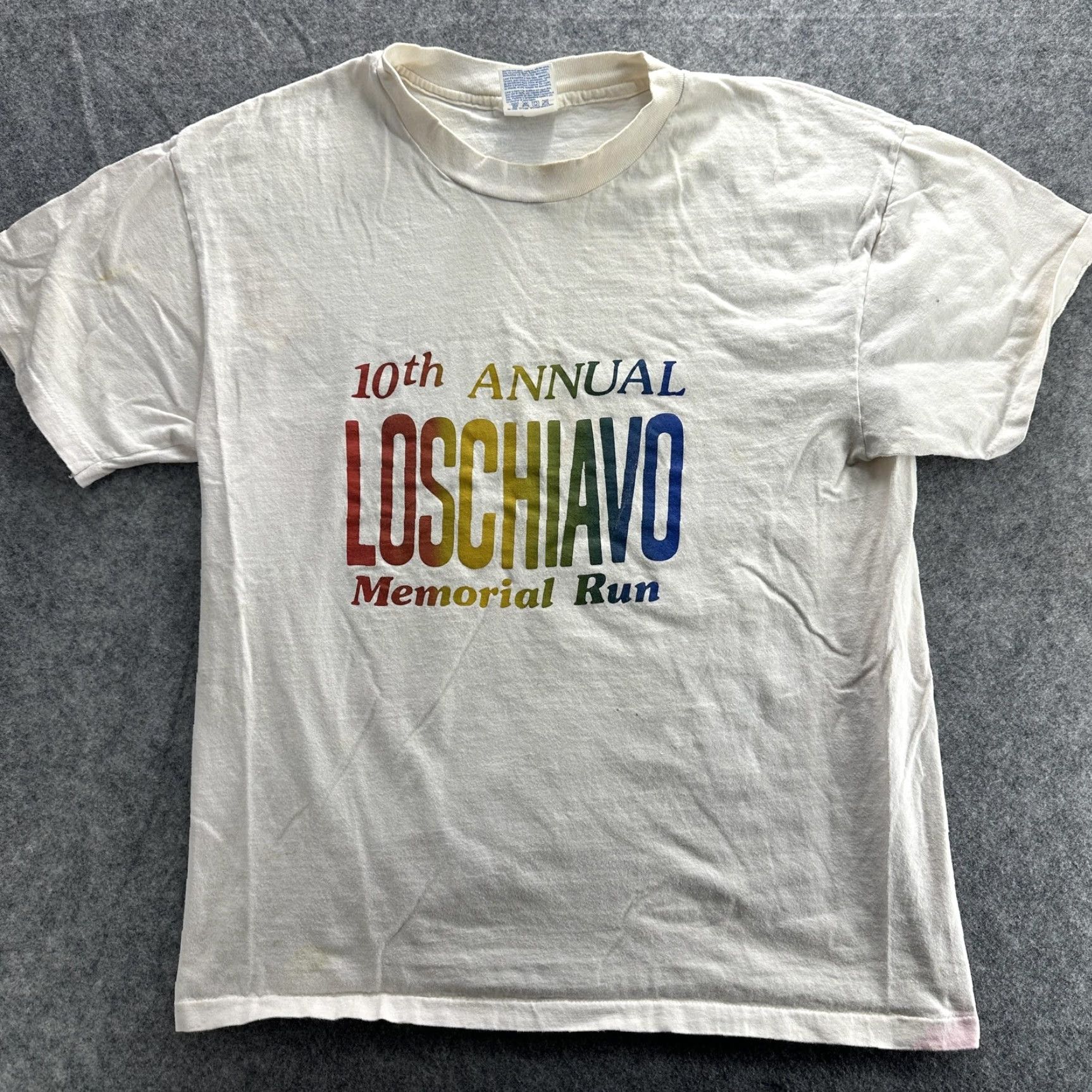 Hanes VINTAGE Hanes Beefy-T Loschiavo Memorial Run Shirt Mens Large White 90s Rainbow Graphic 10th Annual Tee Size US L / EU 52-54 / 3 - 2 Thumbnail