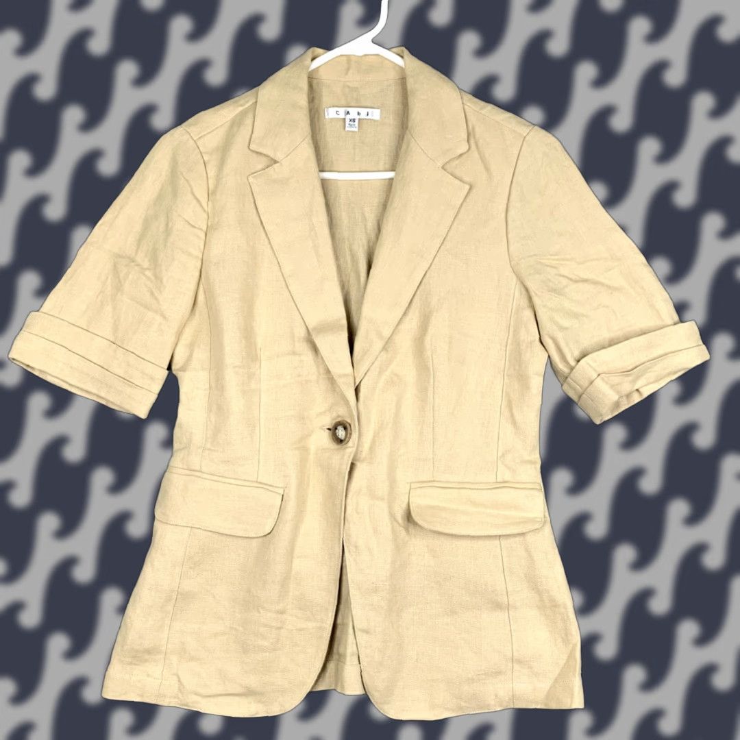 Vintage CAbi Jacket Womens XS Tan Linen Canvas One Button Lightweight Blazer Beige Short Sleeve Mid-Length Slim Adult Womens Size XS / US 0-2 / IT 36-38 - 1 Thumbnail