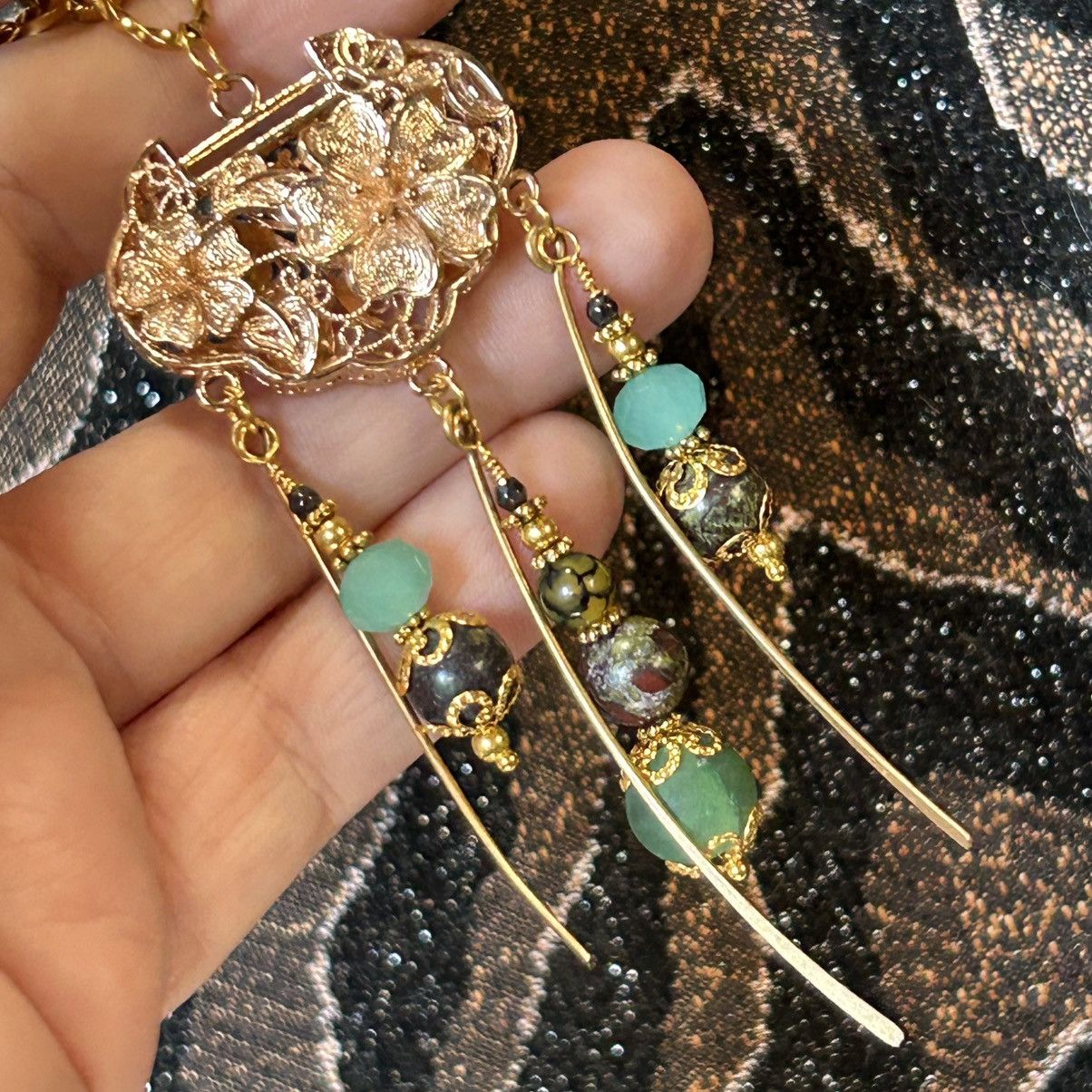 Handmade Handcrafted elegant stone dangle fringe medallion necklace Size ONE SIZE - 2 Thumbnail