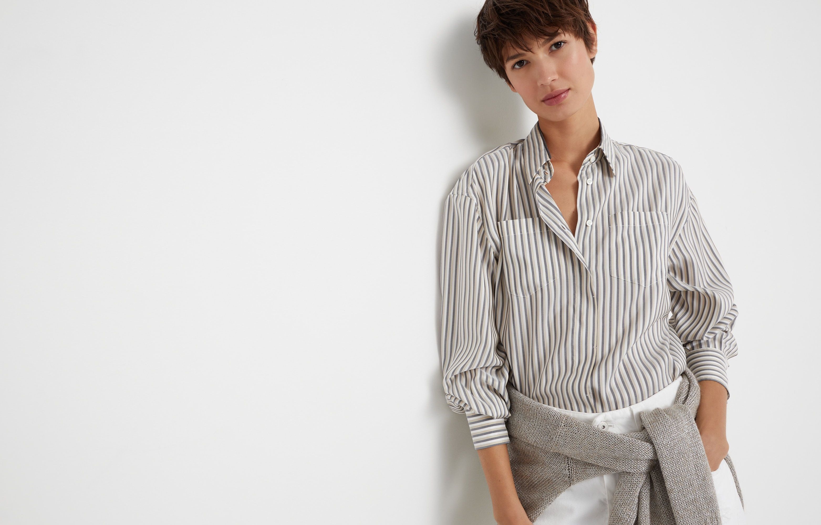 Brunello Cucinelli o1w1db10825 Blouse in Open White Size L / US 10 / IT 46 - 5 Thumbnail