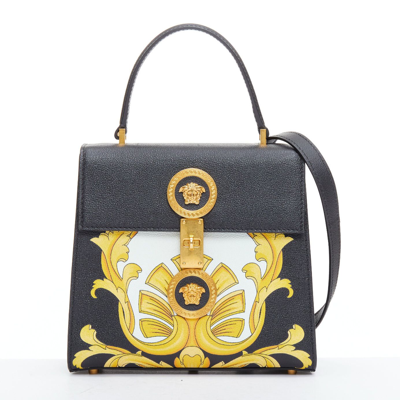 Versace Tribute Icon Black Gold Barocco Calfskin Medusa Crossbody Satchel Bag, Women's