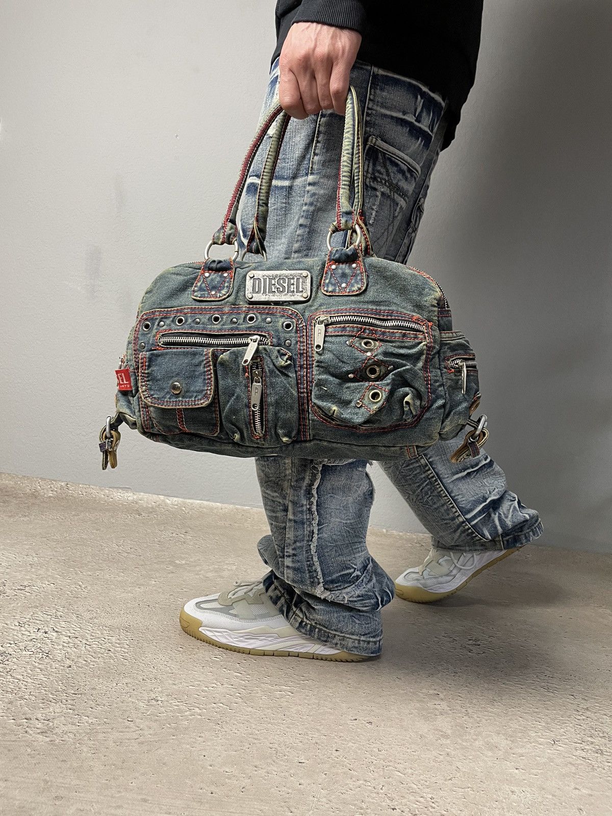 image of Diesel Sling Bag Vintage Y2K Multi Pocket Bag Military 90's in Blue, Men's