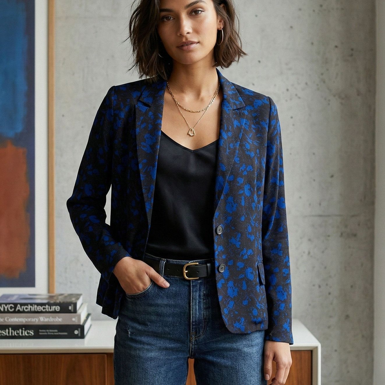 DEREK LAM 10 Crosby Silk Blazer Jacket Black Blue Floral 6