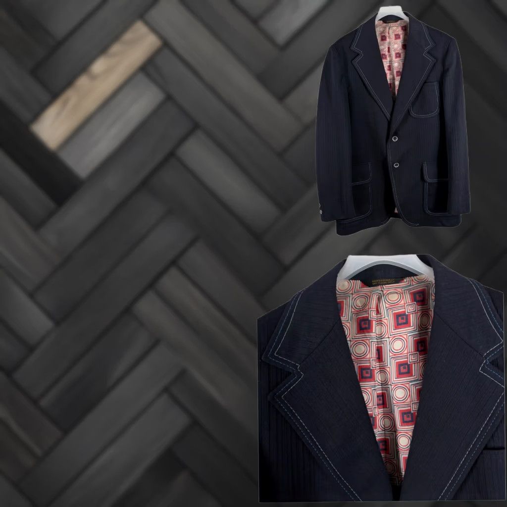 Vintage VINTAGE Lee-Wald Blazer Sport Coat Navy Textured Contrast Stitch Op Art 40R Mens Jacket Size 40R - 1 Thumbnail