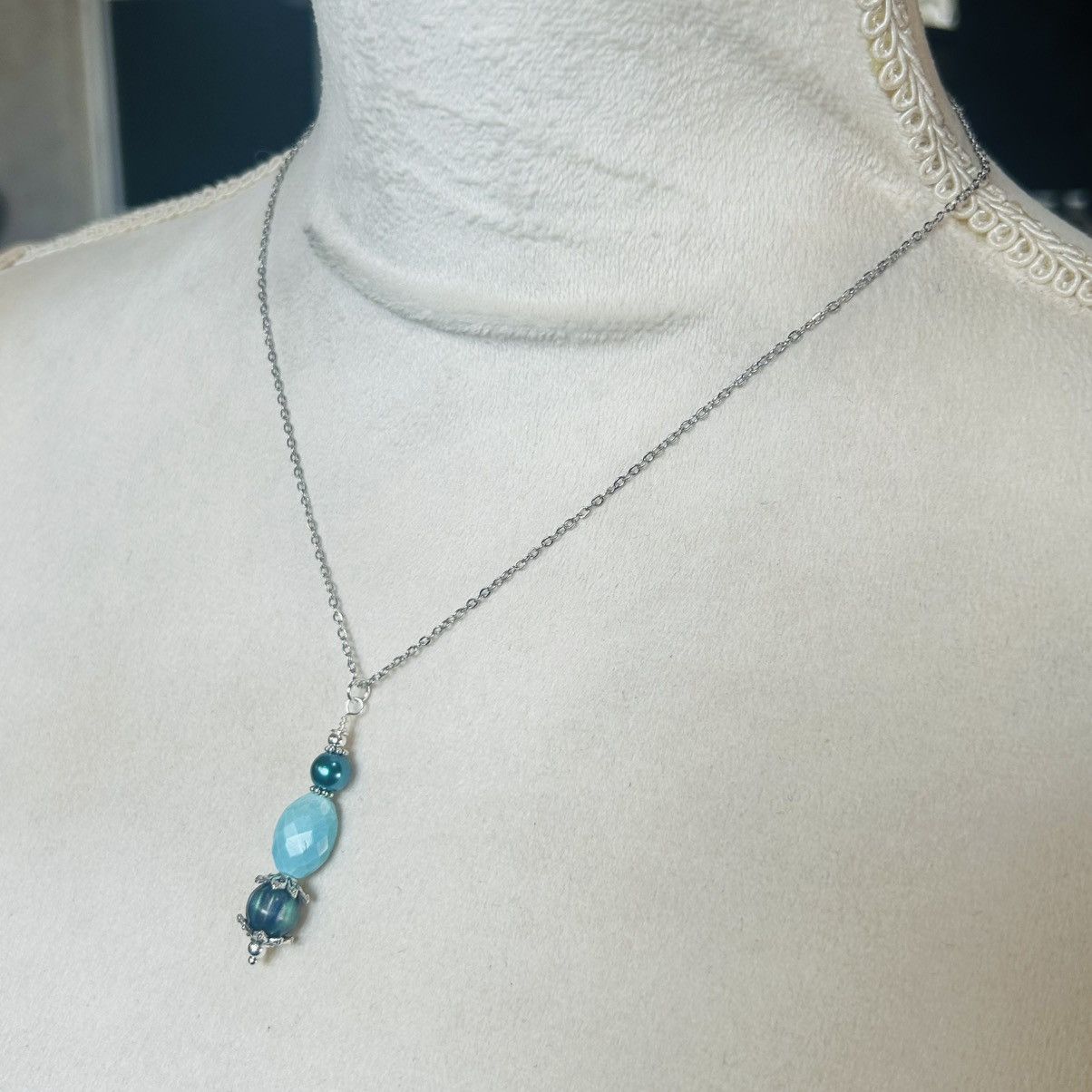 Handmade Handcrafted cat eye glass amazonite pearl beaded necklace Size ONE SIZE - 4 Thumbnail