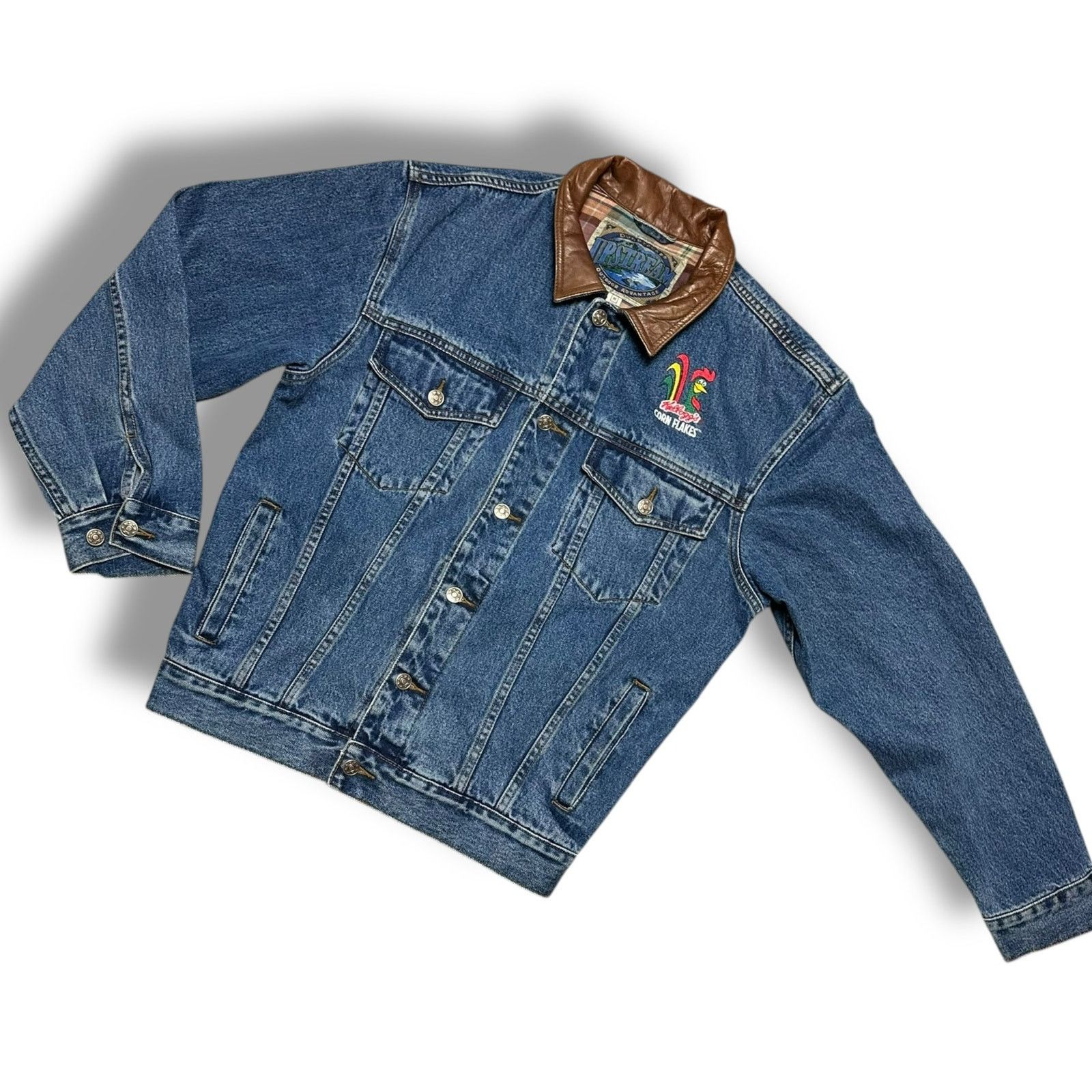 Vintage 90s Upstream Denim Jacket Leather Kelloggs Corn Flakes Size US M / EU 48-50 / 2 - 1 Thumbnail