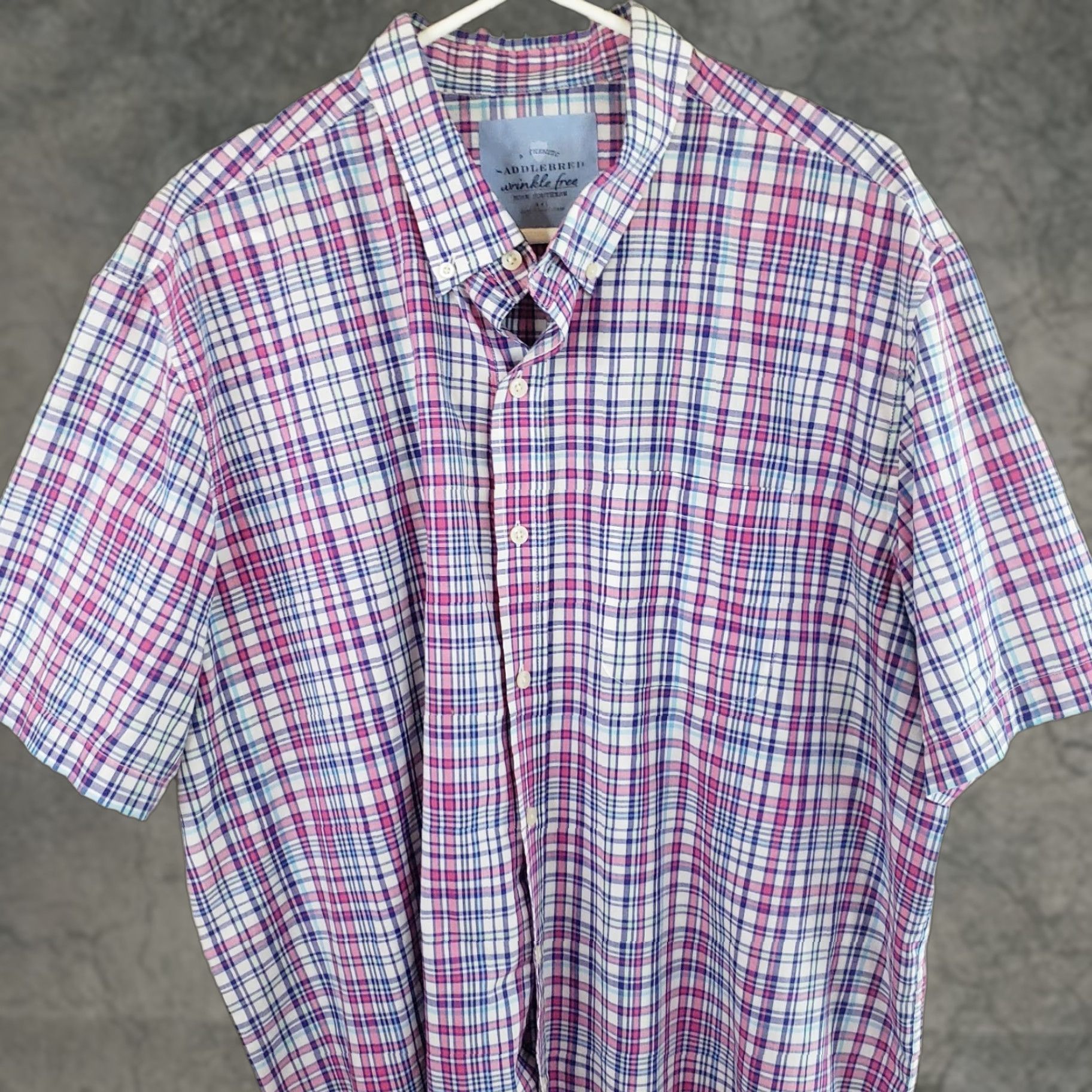 Born Saddlebred Shirt Mens XXL Pink Blue Plaid Regular Short Sleeve Button-Up Wrinkle Free Size US XL / EU 56 / 4 - 1 Thumbnail