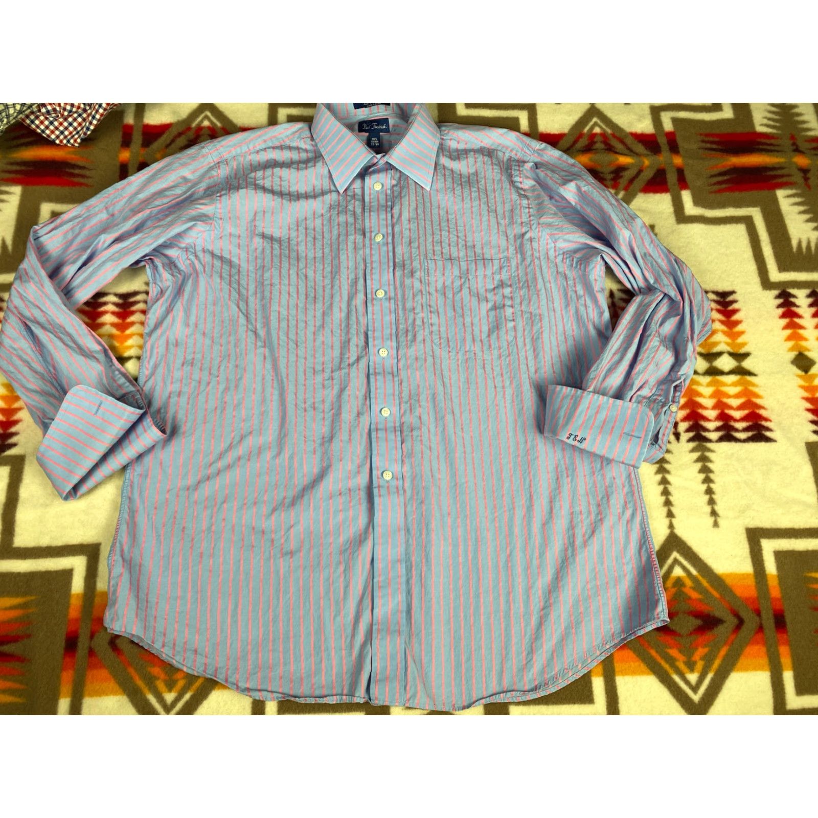 Vintage Paul Fredrick Dress Shirt Mens 17-34 Blue Pink Stripes Size 46R - 4 Thumbnail