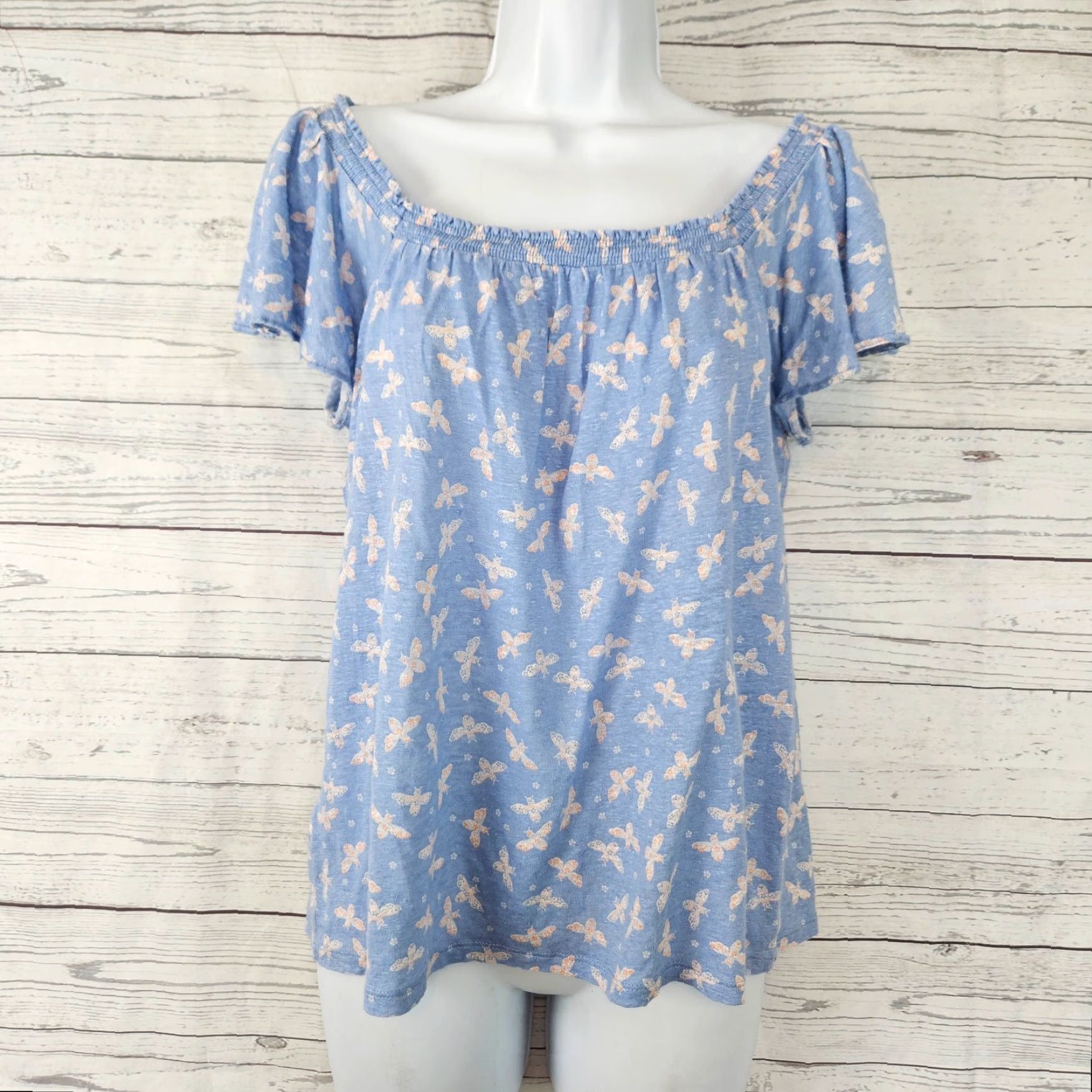 Loft VINTAGE? Ann Taylor LOFT Womens Linen Top Sz Small Blue Bee Print Short Sleeve Shirt Womens S Blue Bee Print Linen Top Size S / US 4 / IT 40 - 2 Thumbnail