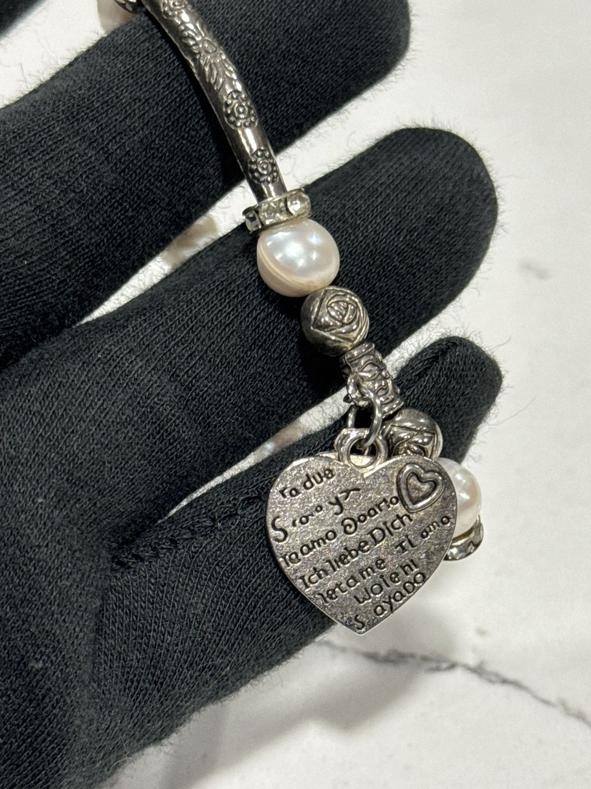 Jewelry Vintage Y2K Pearl Heart Charm Bracelet Rhinestone Coquette Size ONE SIZE - 6 Thumbnail