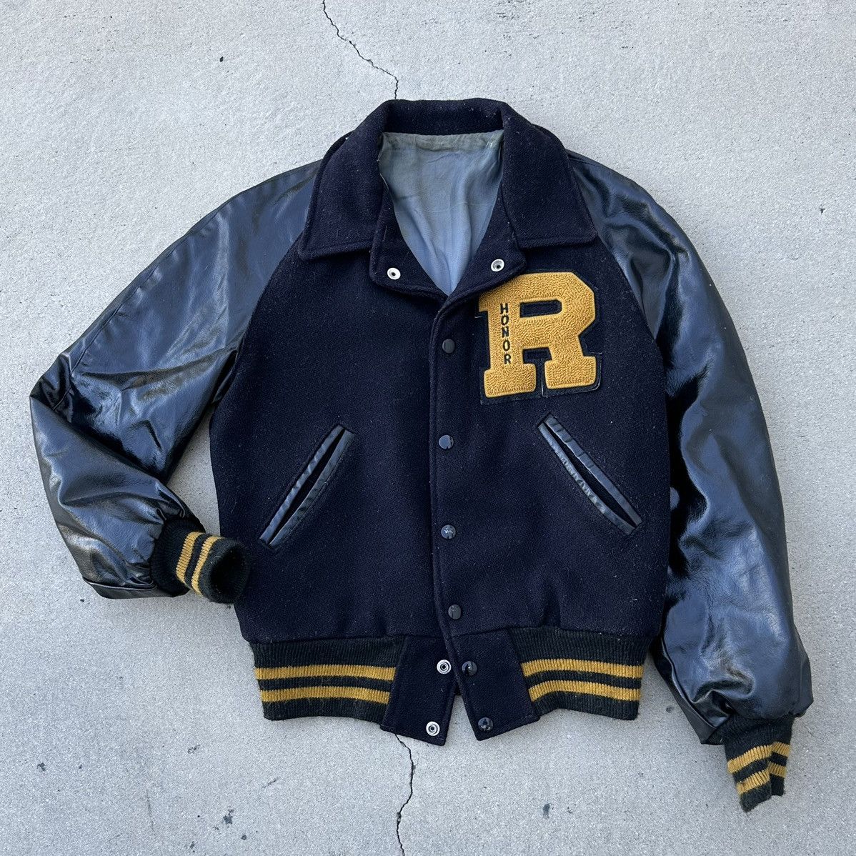 image of Bomber Jacket x Varsity Jacket 60S Vintage Black & Yellow “R” Varsity Jacket, Men's (Size Small)