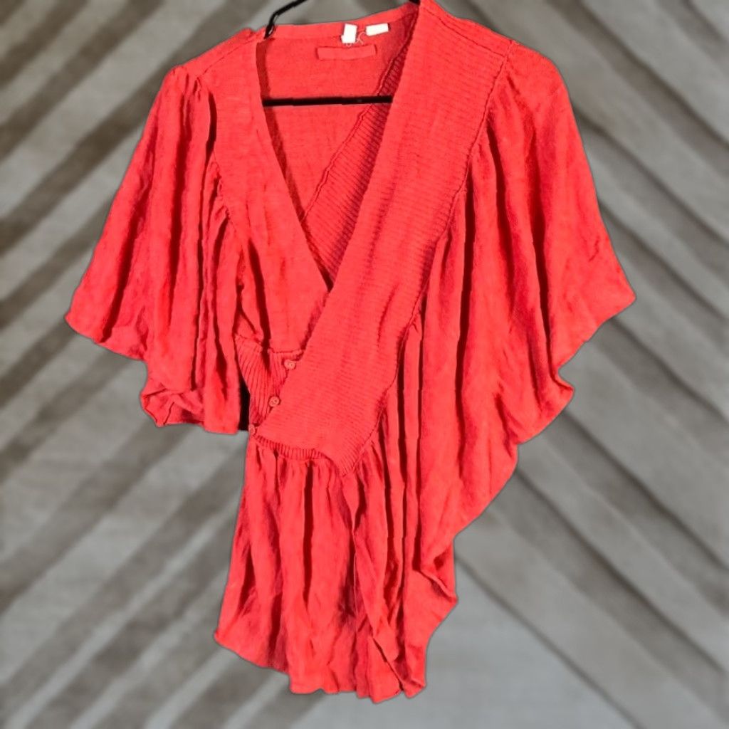 Anthropologie Anthropologie Moth Sweater Orange Wrap Shirt S/M Womens Knit V-Neck Short Sleeve Bohemian Ruffle Size S / US 4 / IT 40 - 1 Thumbnail