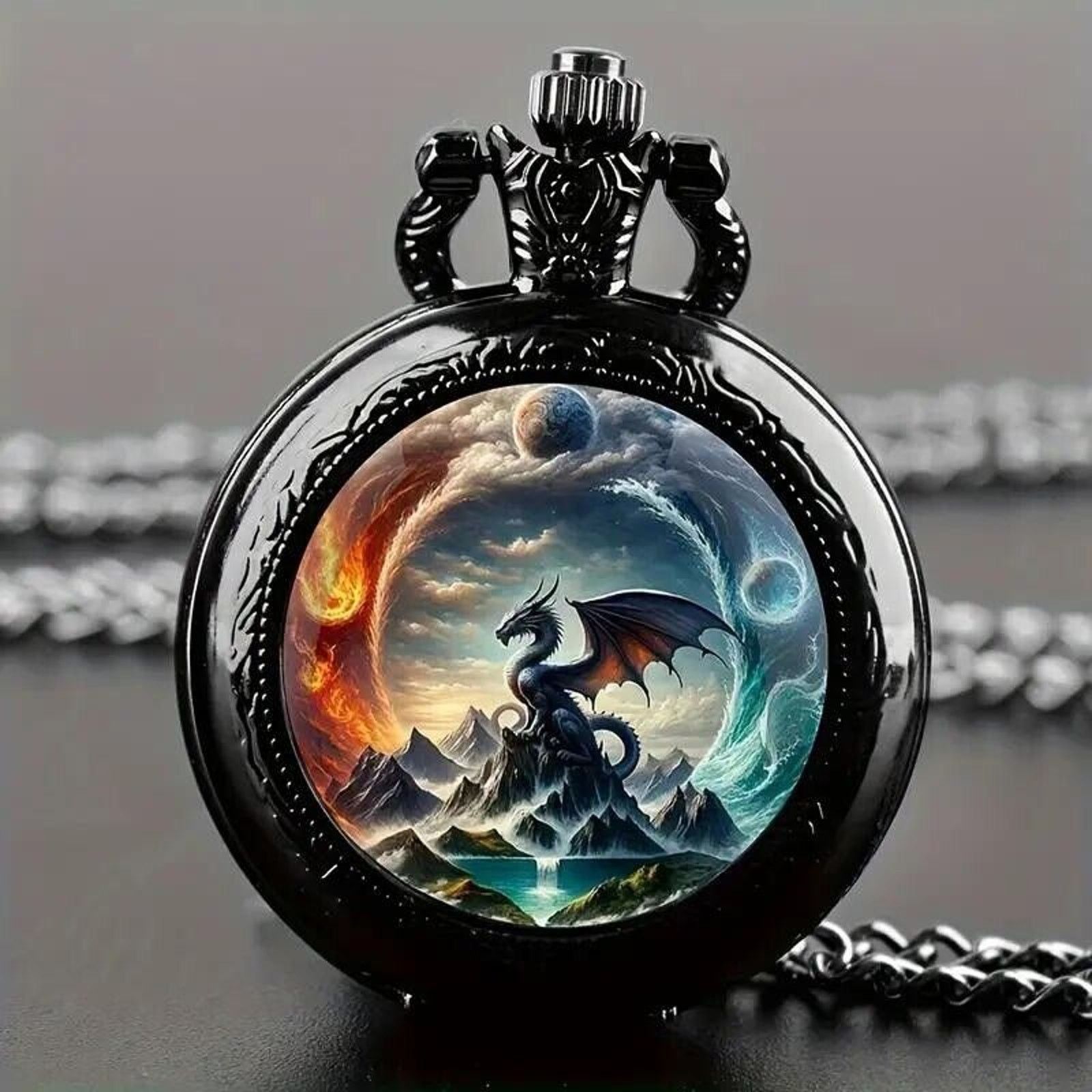 Other Flying Dragon Black Pocket Watch • Ocean •Volcano Size ONE SIZE - 2 Thumbnail