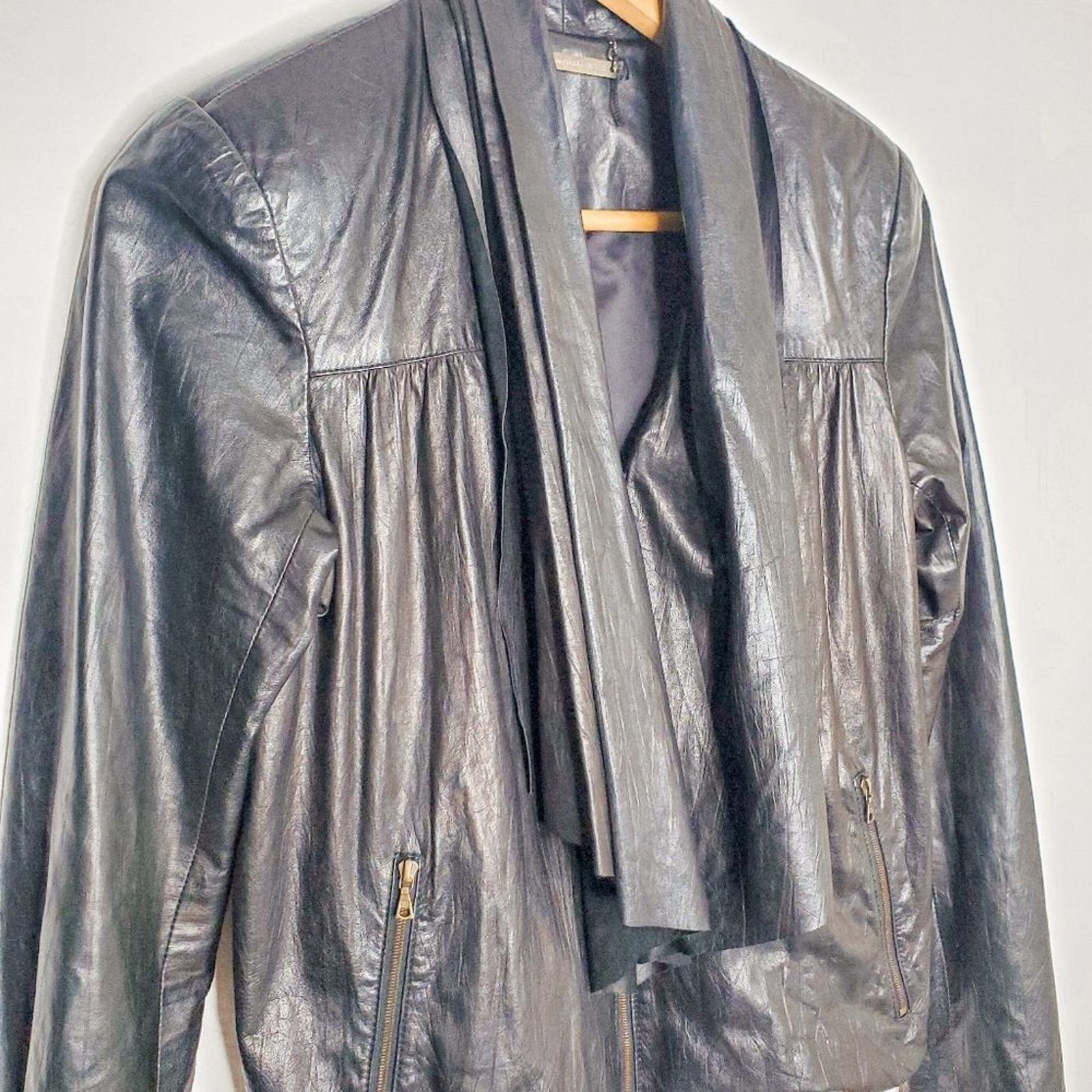 Diane von Furstenberg DVF Black Soft Leather Meringue Draped Moto Jacket Size 2 Size XS / US 0-2 / IT 36-38 - 3 Thumbnail