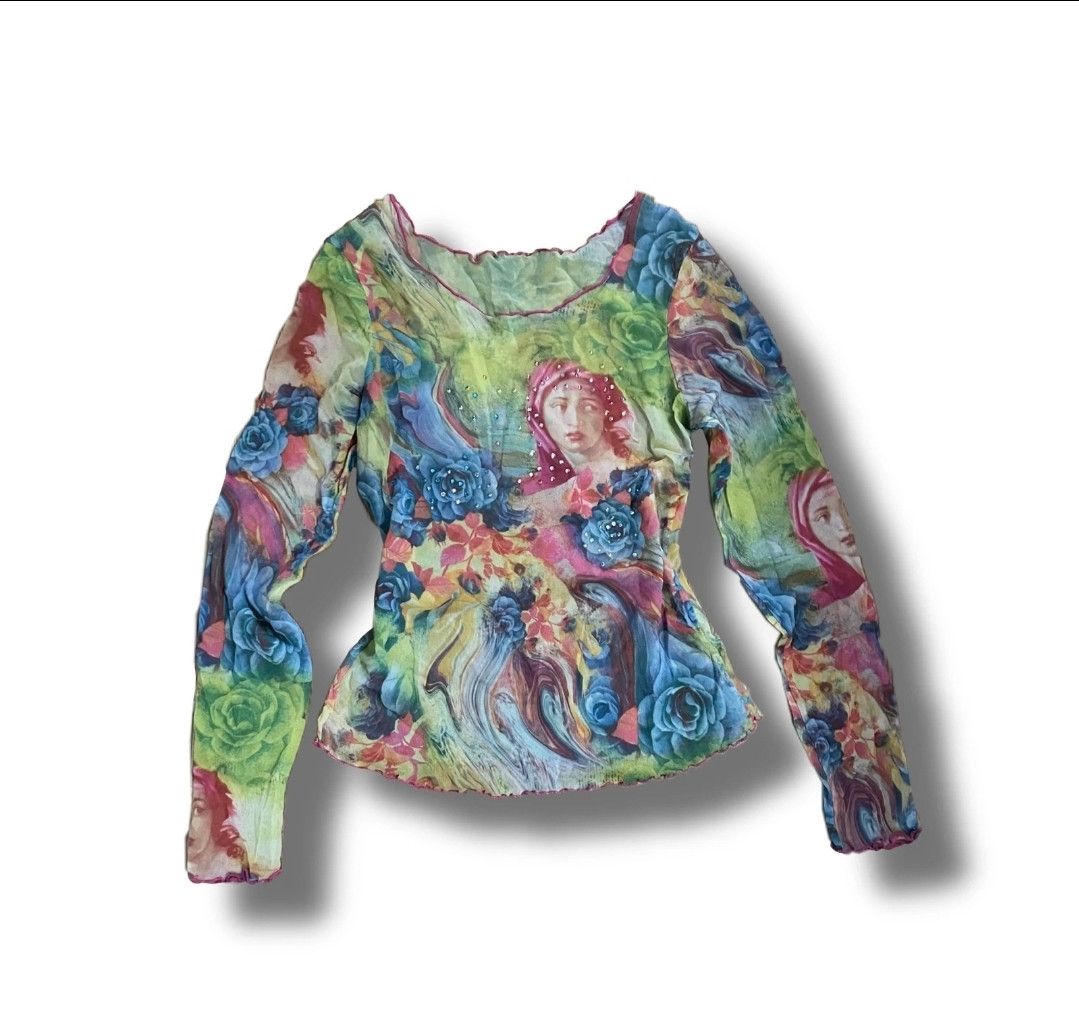 Japanese Brand vintage y2k mesh printed mesh top avant garde archive Size S / US 4 / IT 40 - 1 Thumbnail