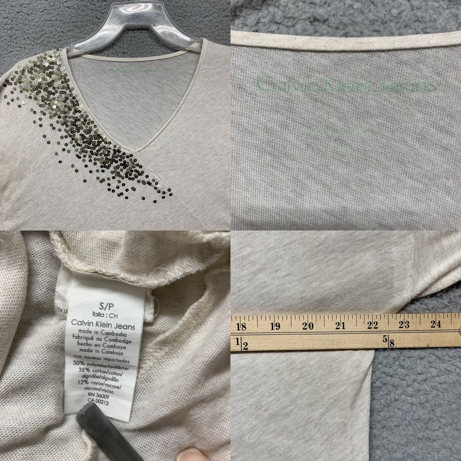 Calvin Klein Calvin Klein Pullover Top Women's S/P Heather Cream Sequins V-Neck Relaxed Fit Shirt Size S / US 4 / IT 40 - 8 Thumbnail