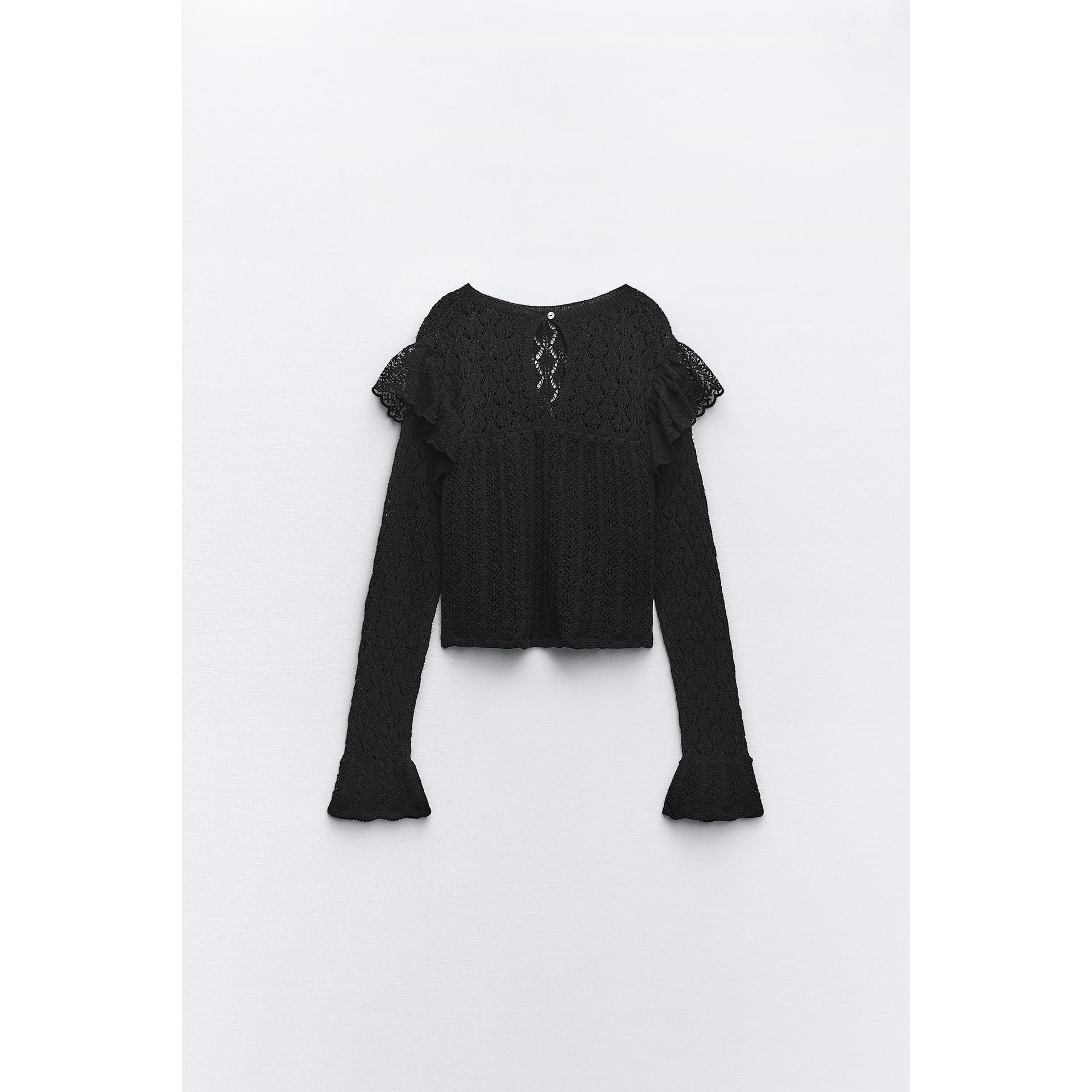 Zara Zara Black Pointelle Ruffle Long Sleeve Semi Crop Top Size S / US 4 / IT 40 - 6 Thumbnail