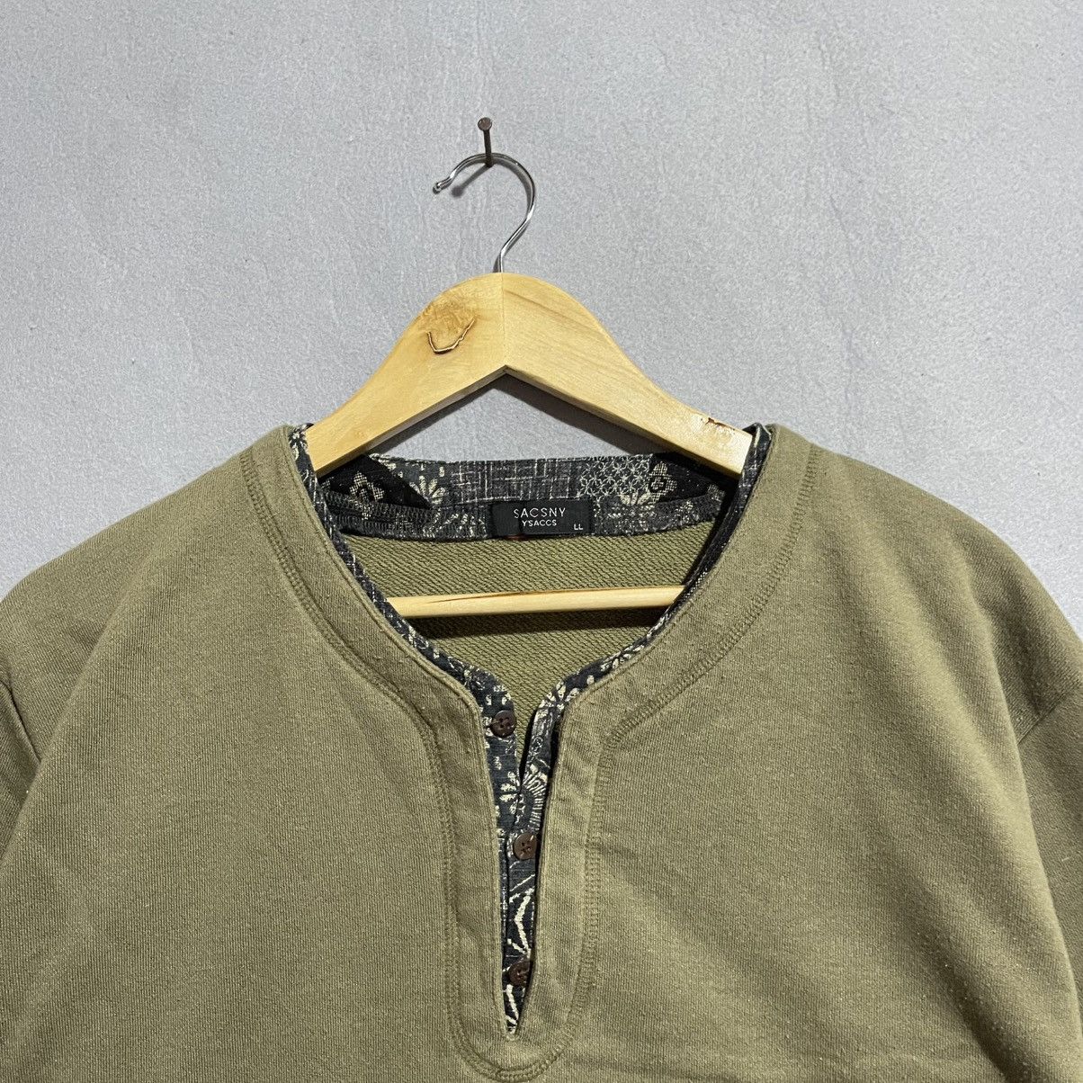Japanese Brand Vintage 90s SACSNY Y’SACCS Button Neck Sweatshirt – Olive Size US L / EU 52-54 / 3 - 2 Thumbnail