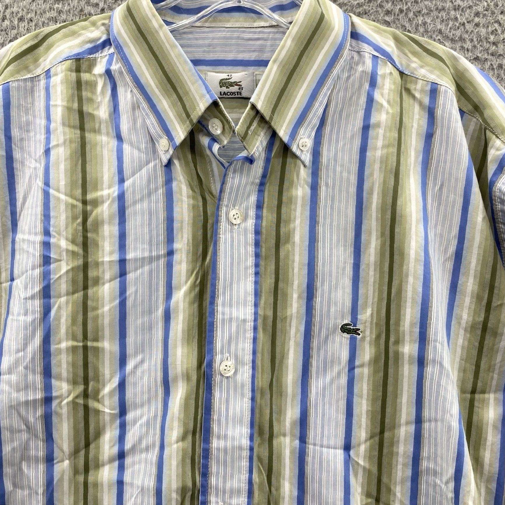 Lacoste VINTAGE Lacoste Dress Shirt Men's 42/Large Gray White Green Striped Corp Core Academia Size 42R - 3 Thumbnail