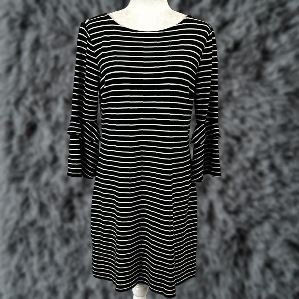 Ann Taylor Ann Taylor Shift Dress Striped 8 Bell Sleeve 3/4 Stretch Black White Women 8 Size M / US 6-8 / IT 42-44 - 1 Thumbnail