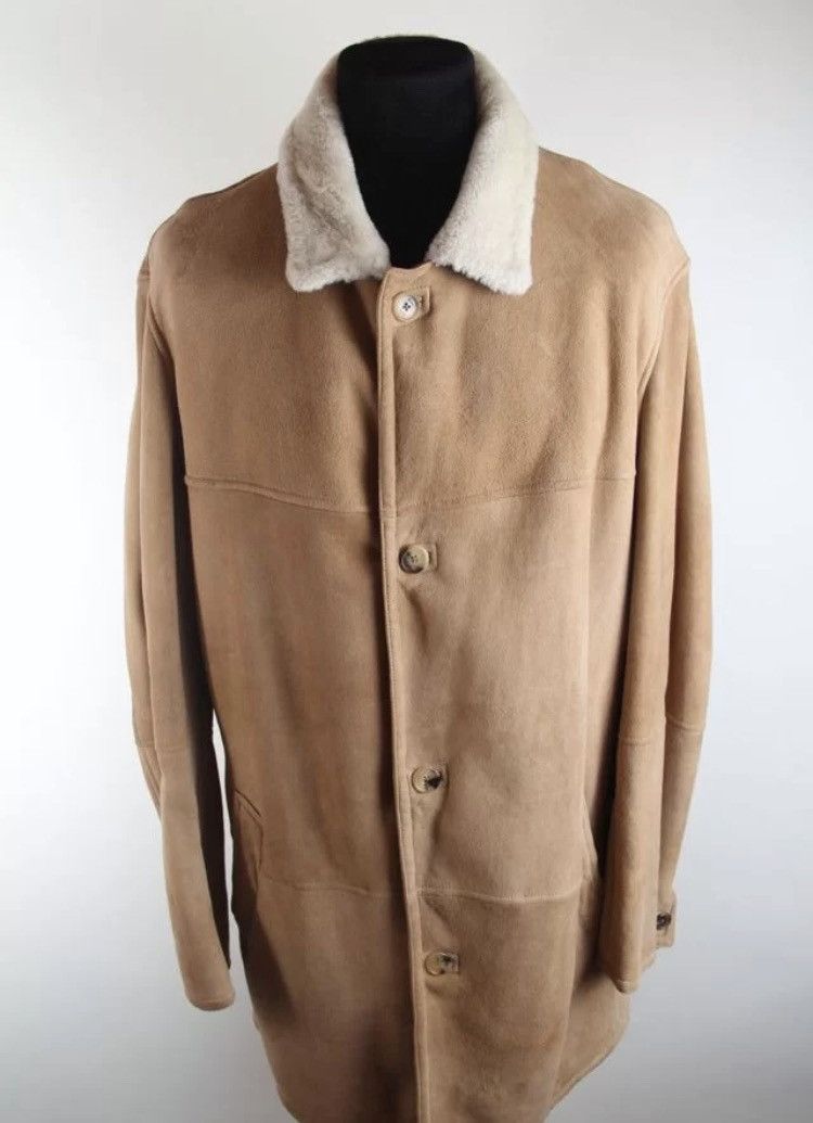 Image of Brioni Shearling Leather Fur Detail Heavy Coat in Beige, Men's (Size 2XL)