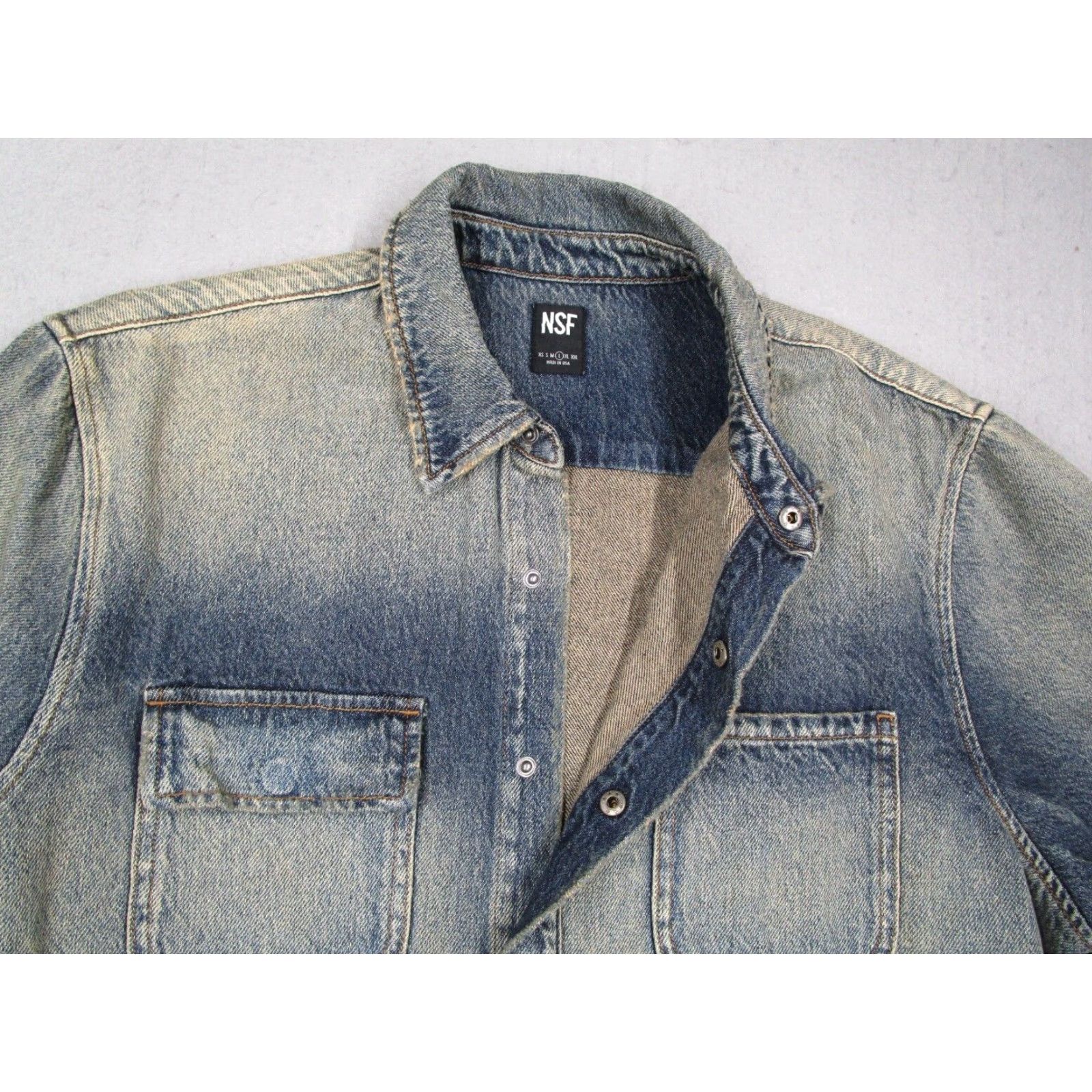 Denime NSF Clothing Denim Jacket Mens Large Blue Snap Front Shacket OverShirt Workwear Pockets 100% Cotton USA Vintage No Size US L / EU 52-54 / 3 - 6 Thumbnail