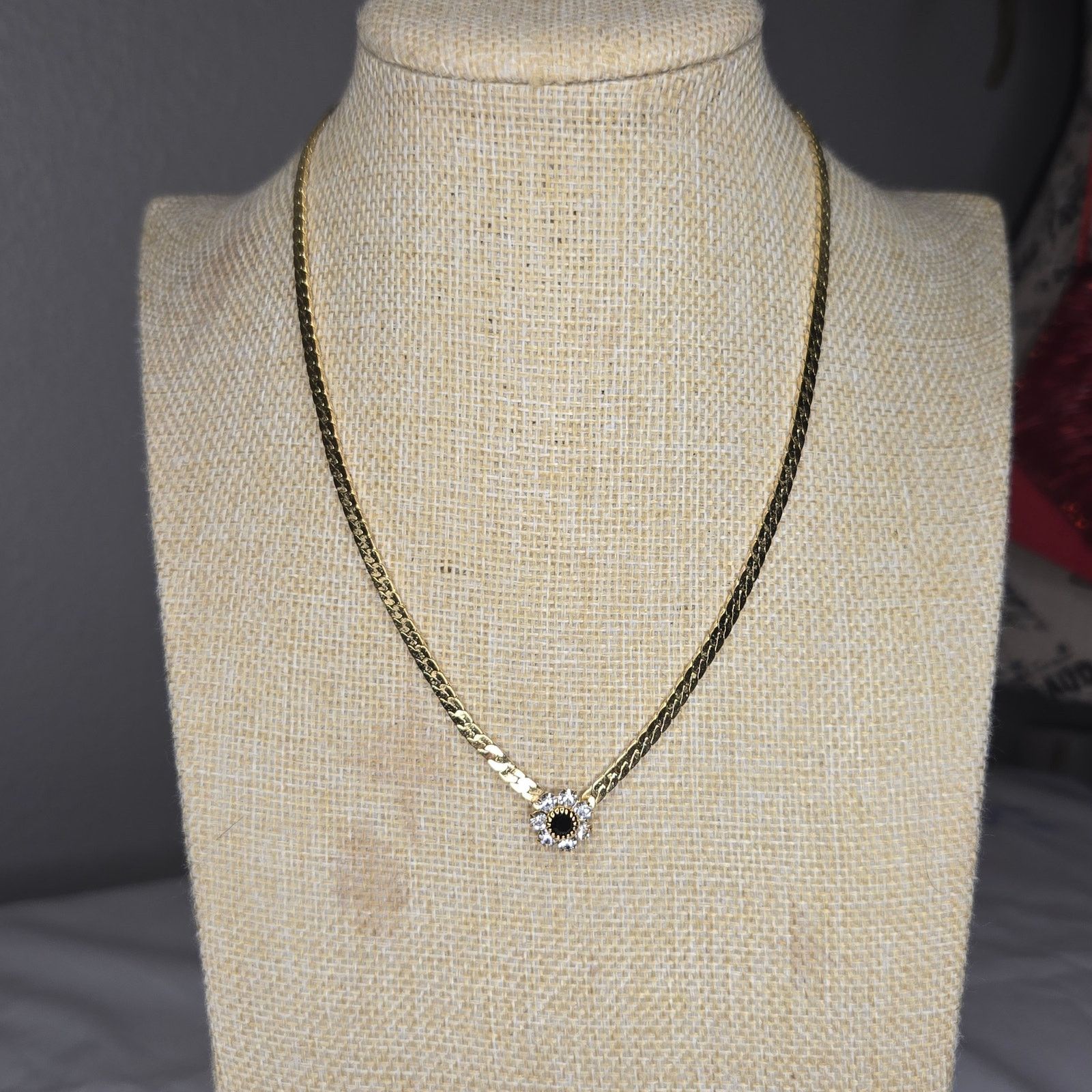 Vintage Vintage Gold Tone Rhinestone Flower Choker Herringbone Chain Size ONE SIZE - 9 Thumbnail