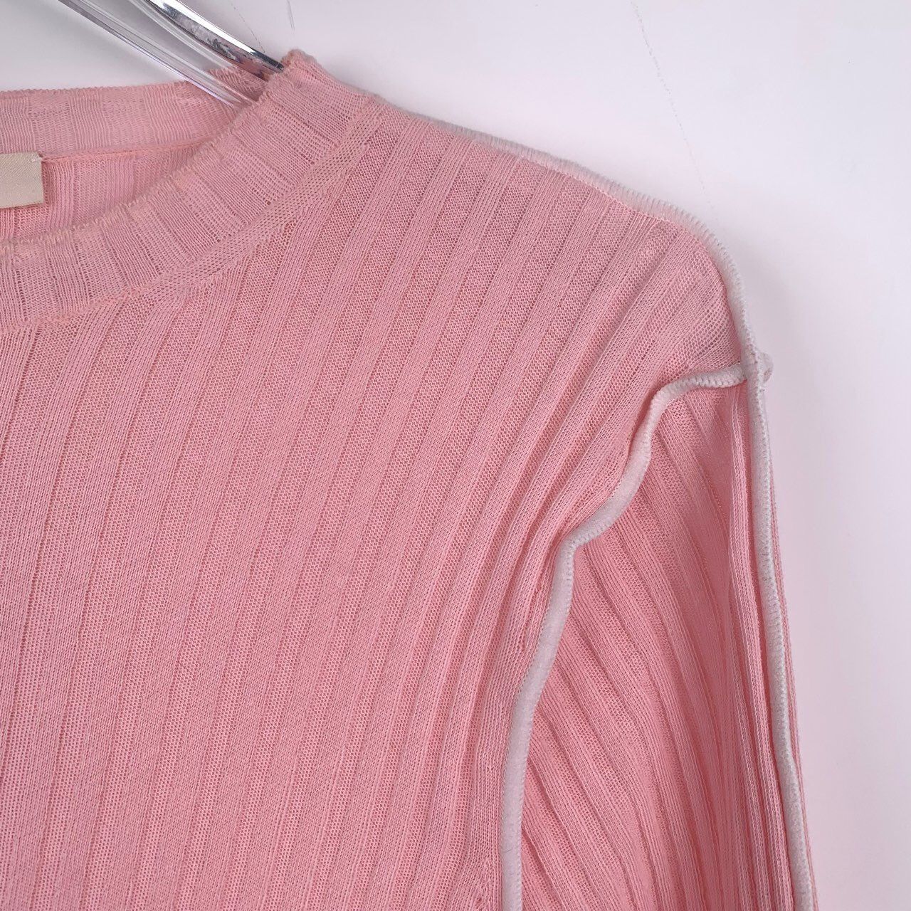 Celine Celine Pink Ribbed Long Sleeve Knit Top With Contrast Trim X Size XS / US 0-2 / IT 36-38 - 6 Thumbnail