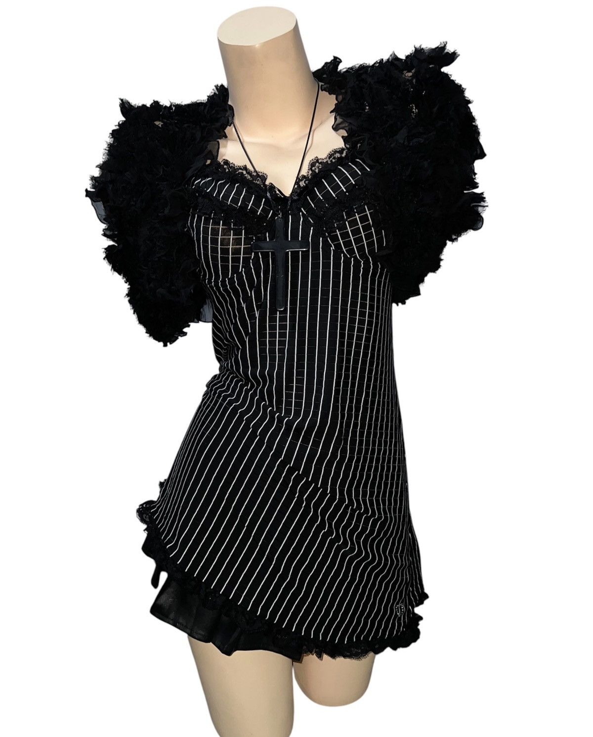 Japanese Brand Black striped with lace mini dress 🖤 Size M / US 6-8 / IT 42-44 - 7 Thumbnail