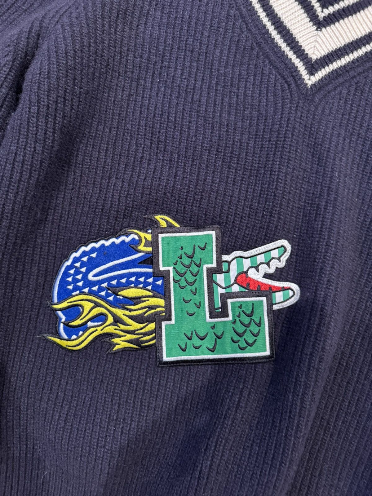 Lacoste Lacoste Dragon Varsity V-Neck Knit Sweater – Navy Size US L / EU 52-54 / 3 - 2 Thumbnail