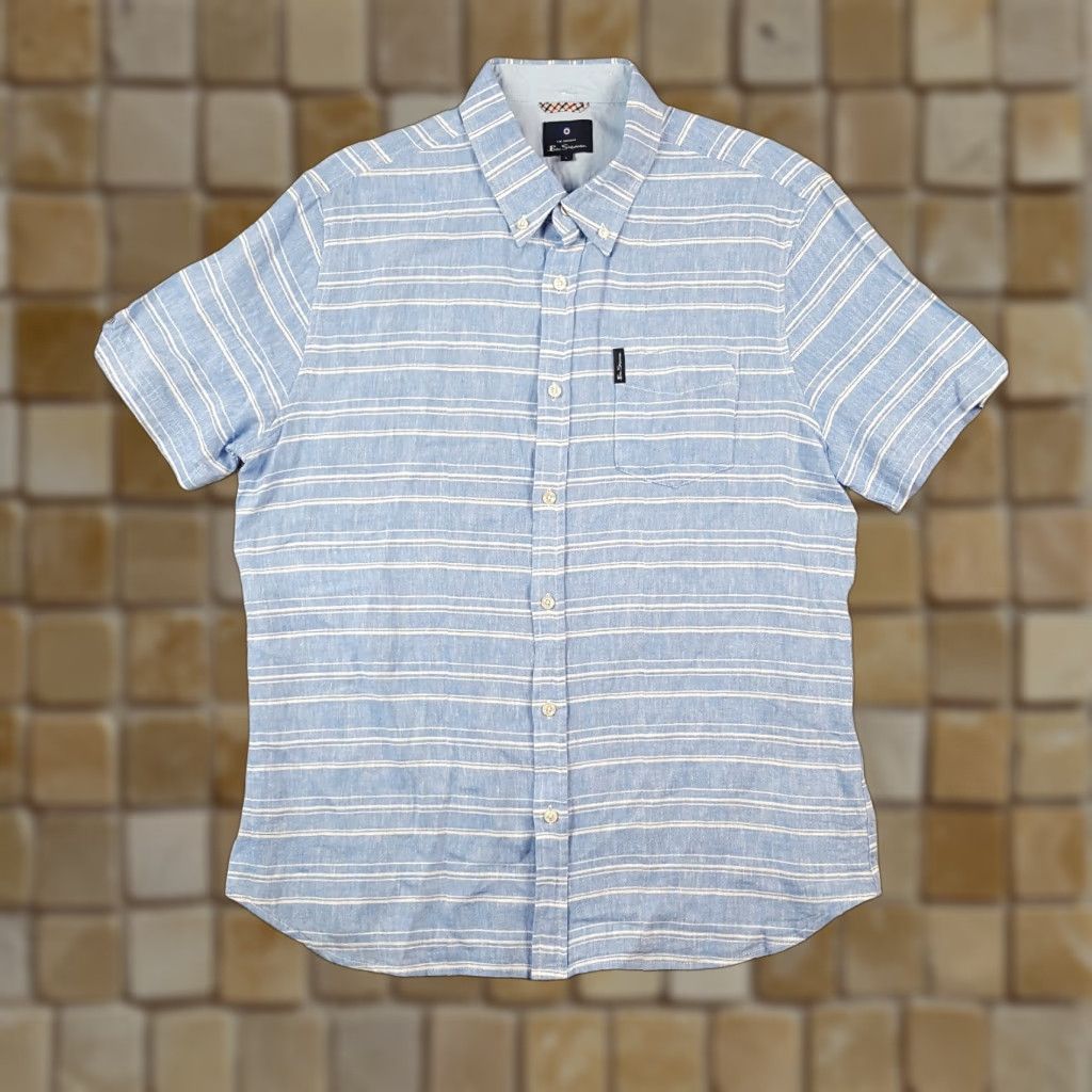 Ben Sherman Ben Sherman Linen Rayon Blend Striped Knit Men's Size L Button Up Collared Shirt Size US L / EU 52-54 / 3 - 1 Thumbnail