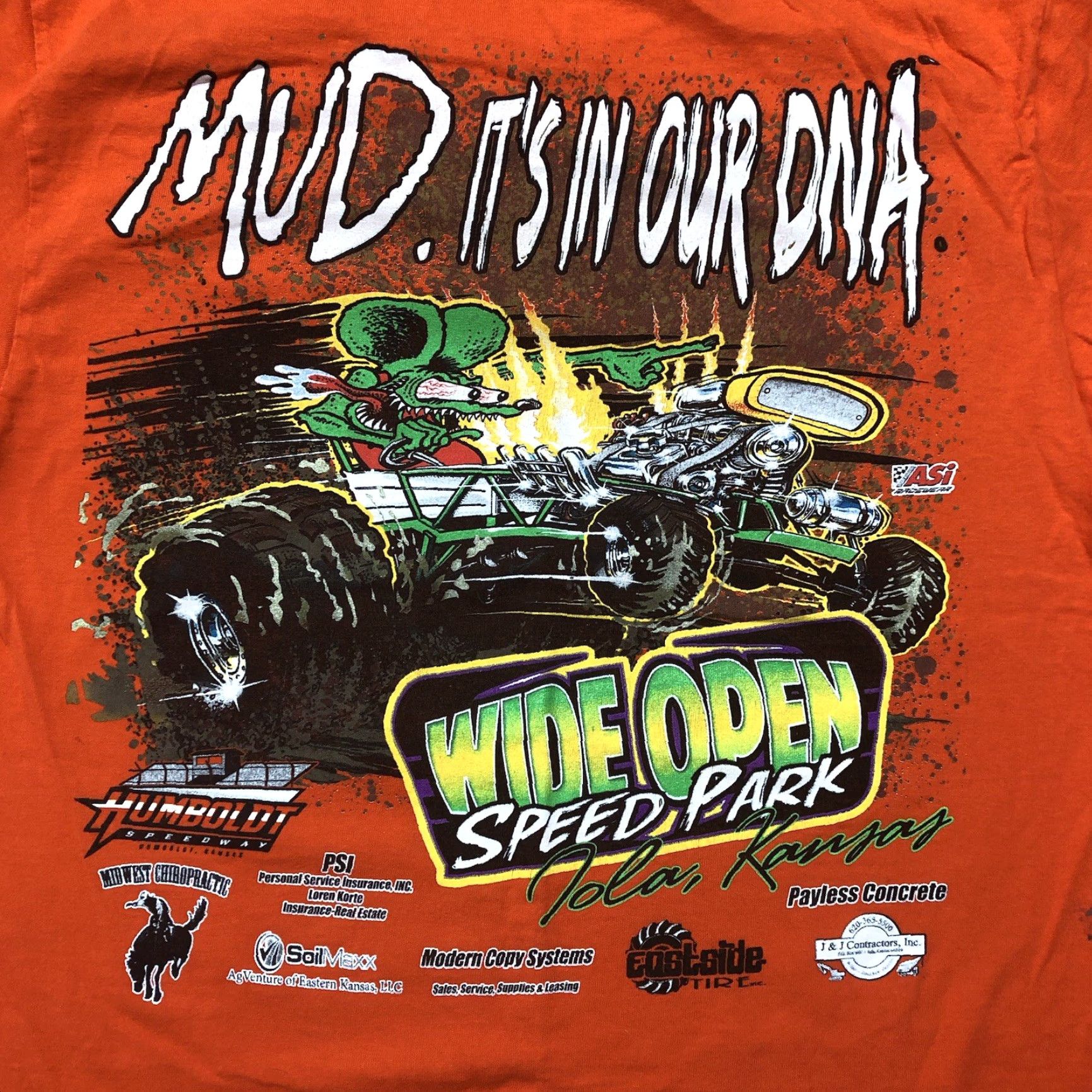 Gildan Rat Fink Mud Is In Our DNA Kansas Speedway Humboldt Racing Orange Double Sided T-Shirt M Mens Crew Neck Short Sleeve Cotton 90s Car Bike Race Size US M / EU 48-50 / 2 - 3 Thumbnail