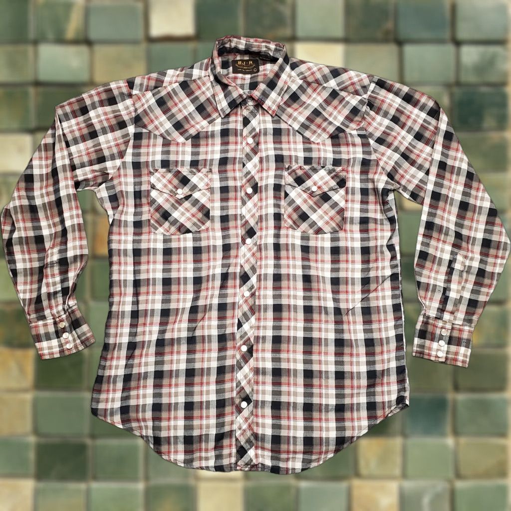 Vintage VINTAGE BJ-R Shirt Mens L Gray Plaid Pearl Snap Long Tails Form-Fit Western Size US L / EU 52-54 / 3 - 1 Thumbnail