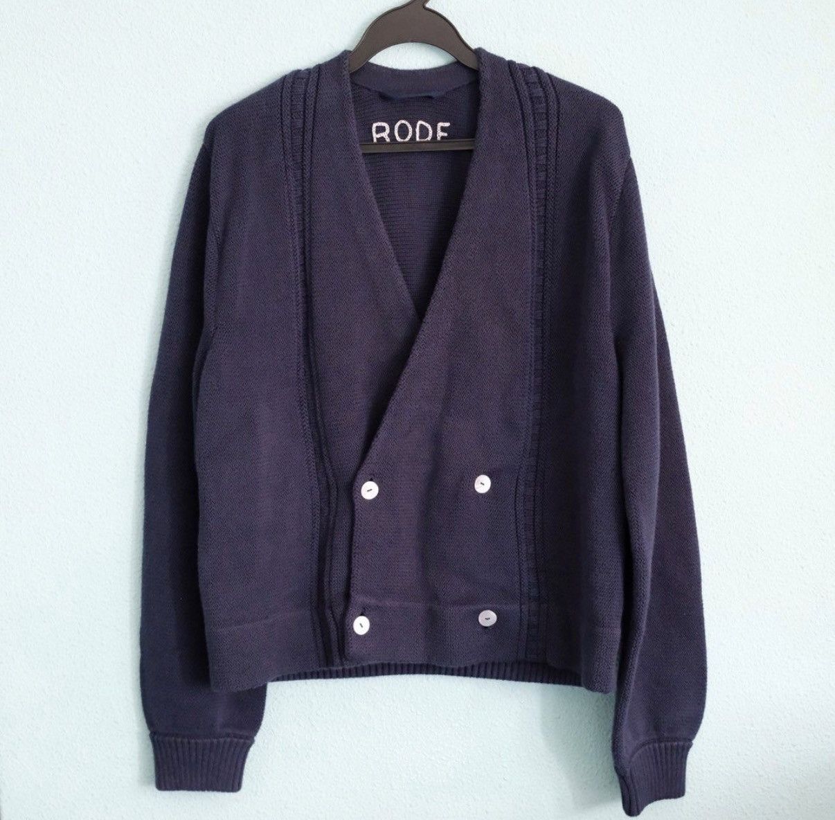 Bode Navy Double Breasted Cotton Knit Cardigan (Horse Pin) Size US S / EU 44-46 / 1 - 1 Thumbnail