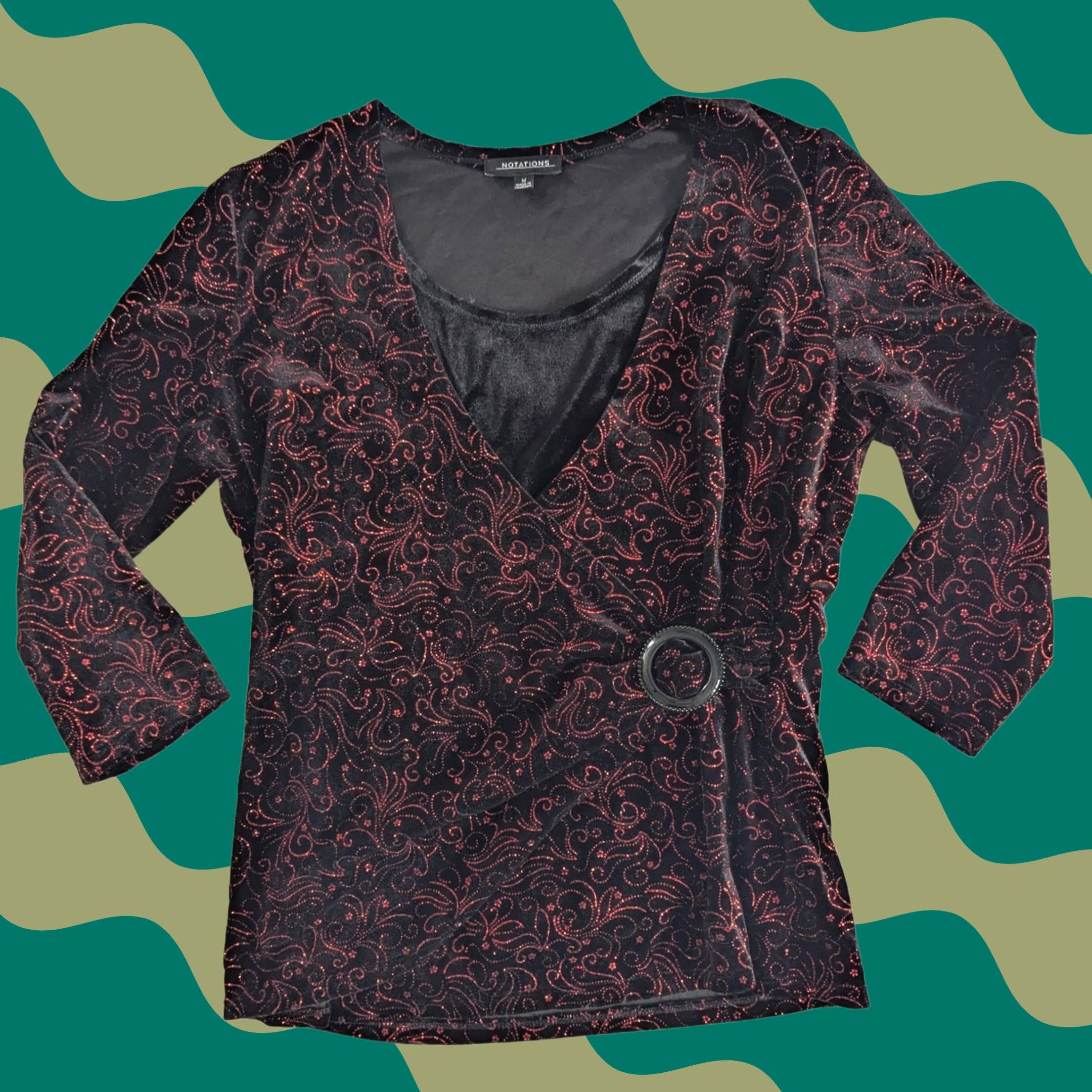 Vintage Notations Velvet Black Red Glitter Swirl Faux Wrap Top Womens Sz M Festive Glam V-Neck Buckle Glitter Paisley Velvet Top Size M / US 6-8 / IT 42-44 - 1 Thumbnail