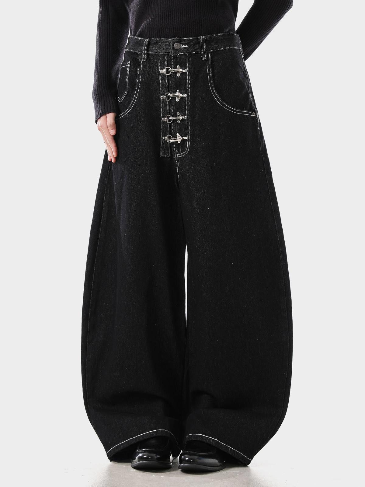 Japanese Brand Black Wide Leg Denim Jeans, Hook Closure Jeans Size US 32 / EU 48 - 4 Thumbnail