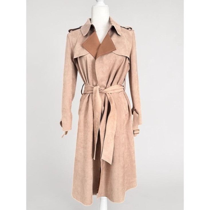 Other Few Moda Women’s Tan Long Faux Suede Trench Coat with Belt Size S / US 4 / IT 40 - 2 Thumbnail