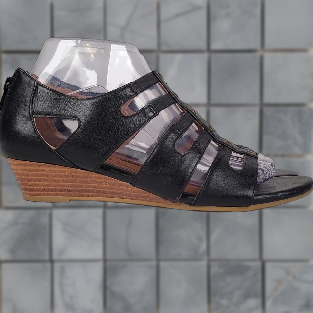 Vintage Söfft Sandals Womens Black Elastic Studded Wedge Heel Sandals 8M Buckle Arch Support Cushioned Leather Size US 8 / IT 38 - 1 Thumbnail